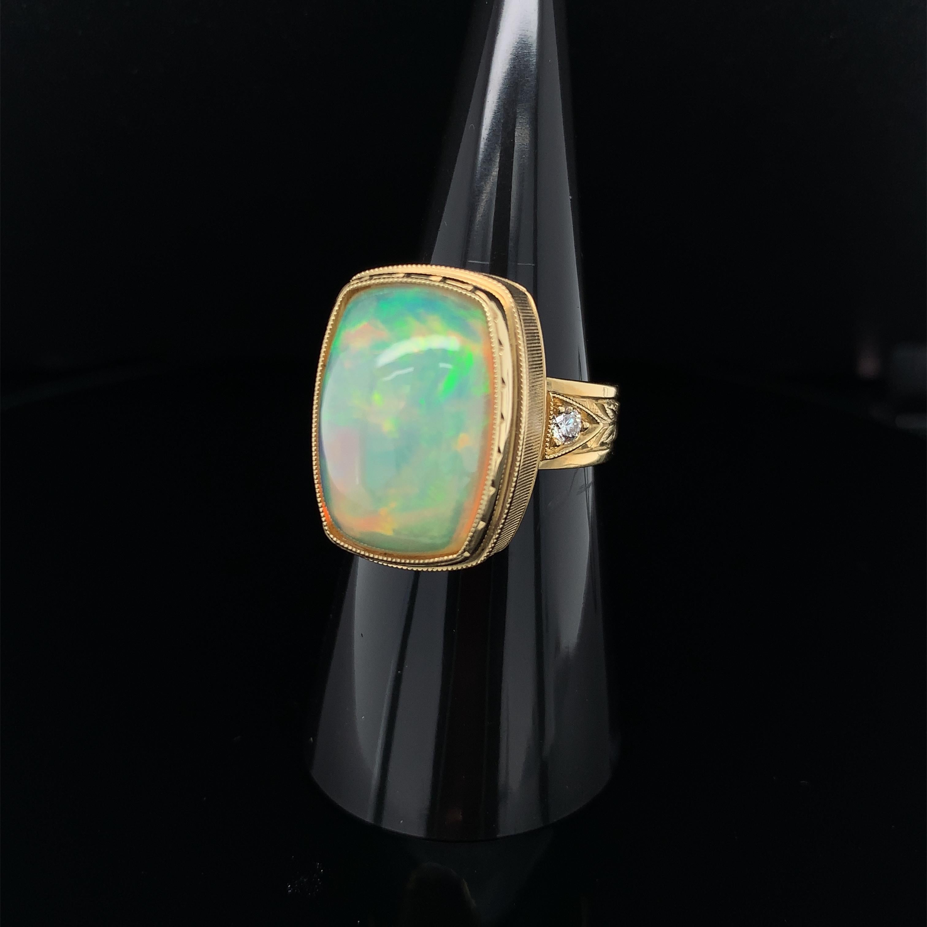 9.62 Carat Opal Cushion and Diamond Cocktail Ring in Hand-Engraved Yellow Gold For Sale 2