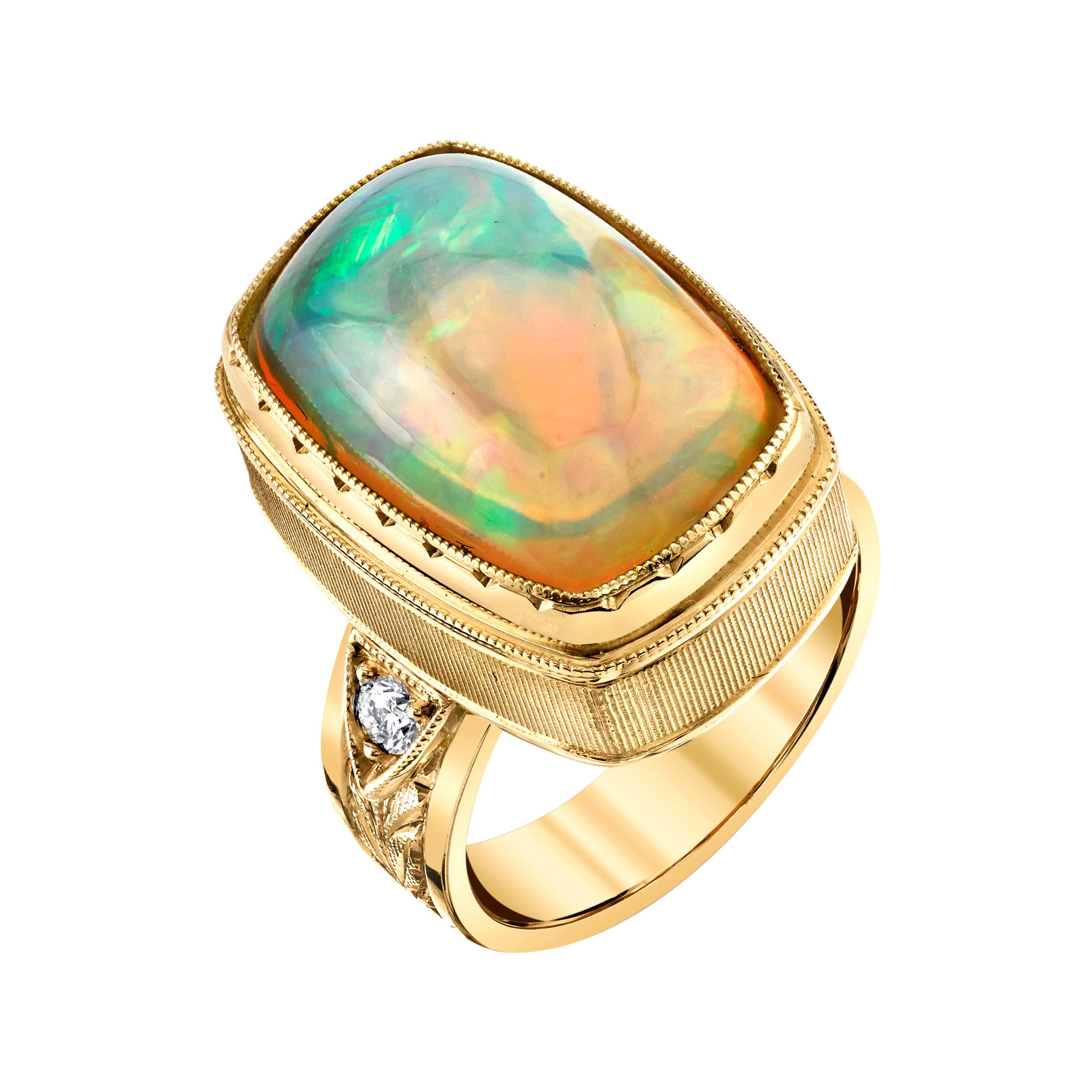 9.62 Carat Opal Cushion and Diamond Cocktail Ring in Hand-Engraved Yellow Gold For Sale