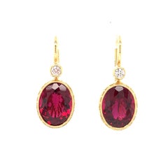 Rubellite Tourmaline & Diamond Drop Earrings in Yellow Gold, 9.62 Carats
