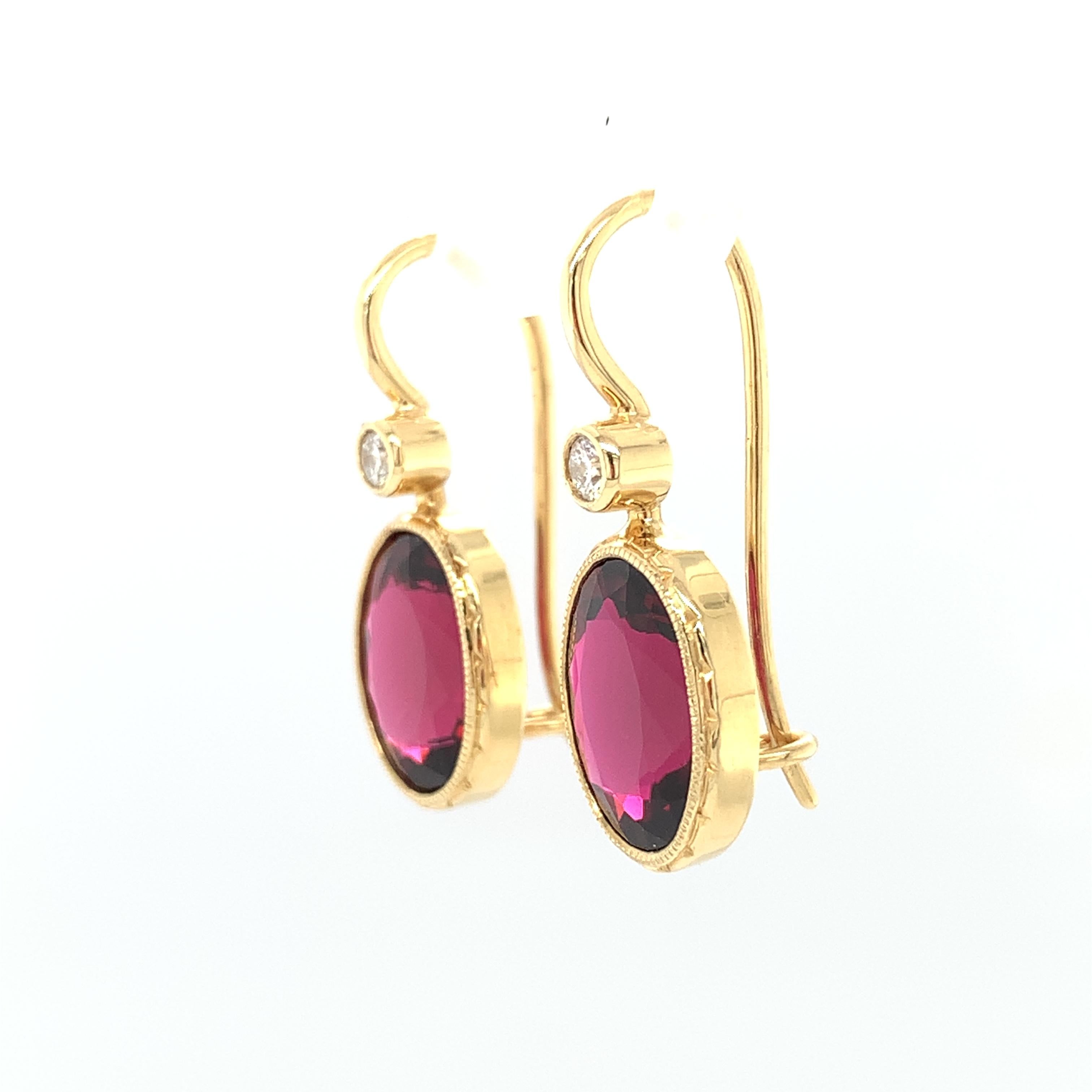 Artisan Rubellite Tourmaline & Diamond Drop Earrings in Yellow Gold, 9.62 Carats For Sale