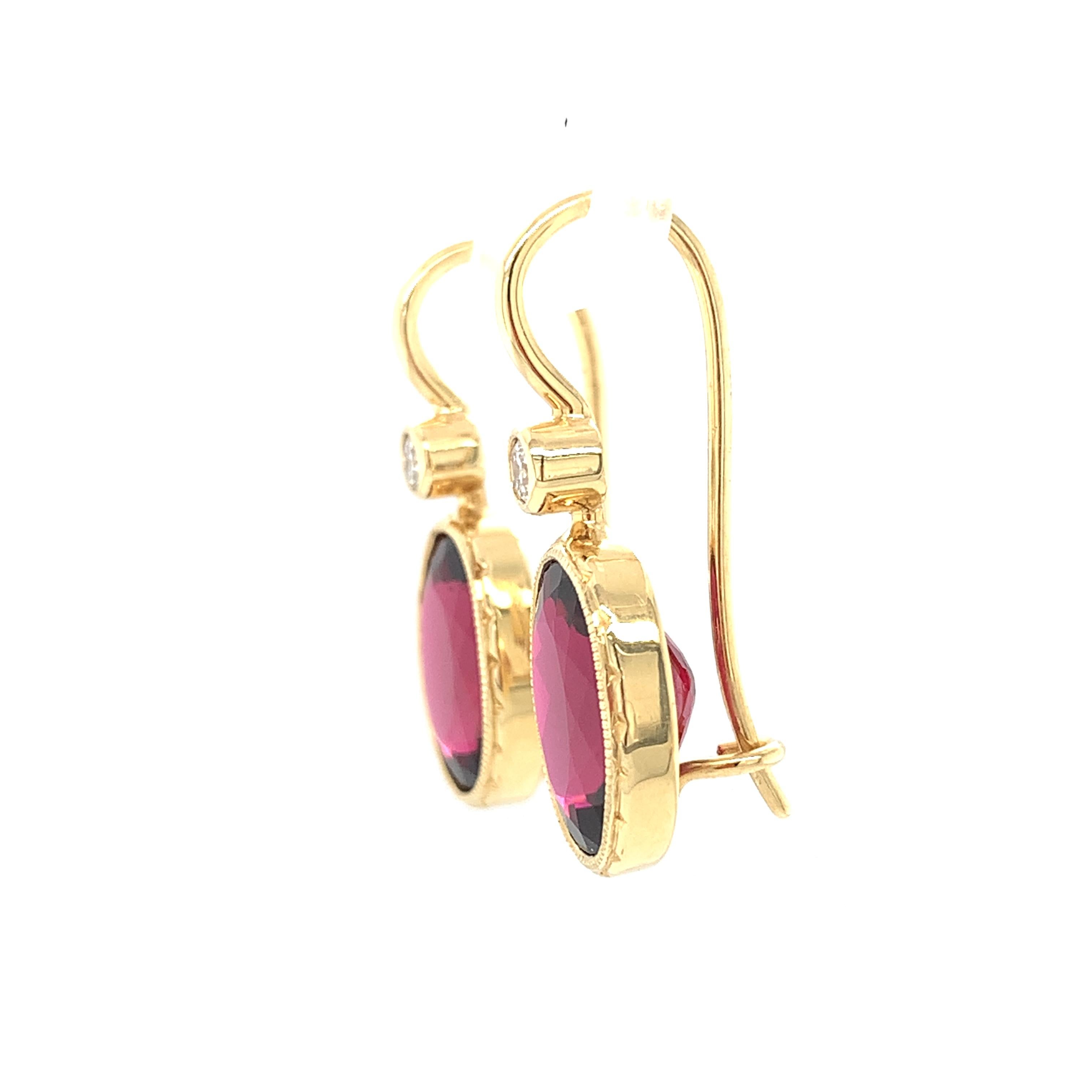 Oval Cut Rubellite Tourmaline & Diamond Drop Earrings in Yellow Gold, 9.62 Carats For Sale