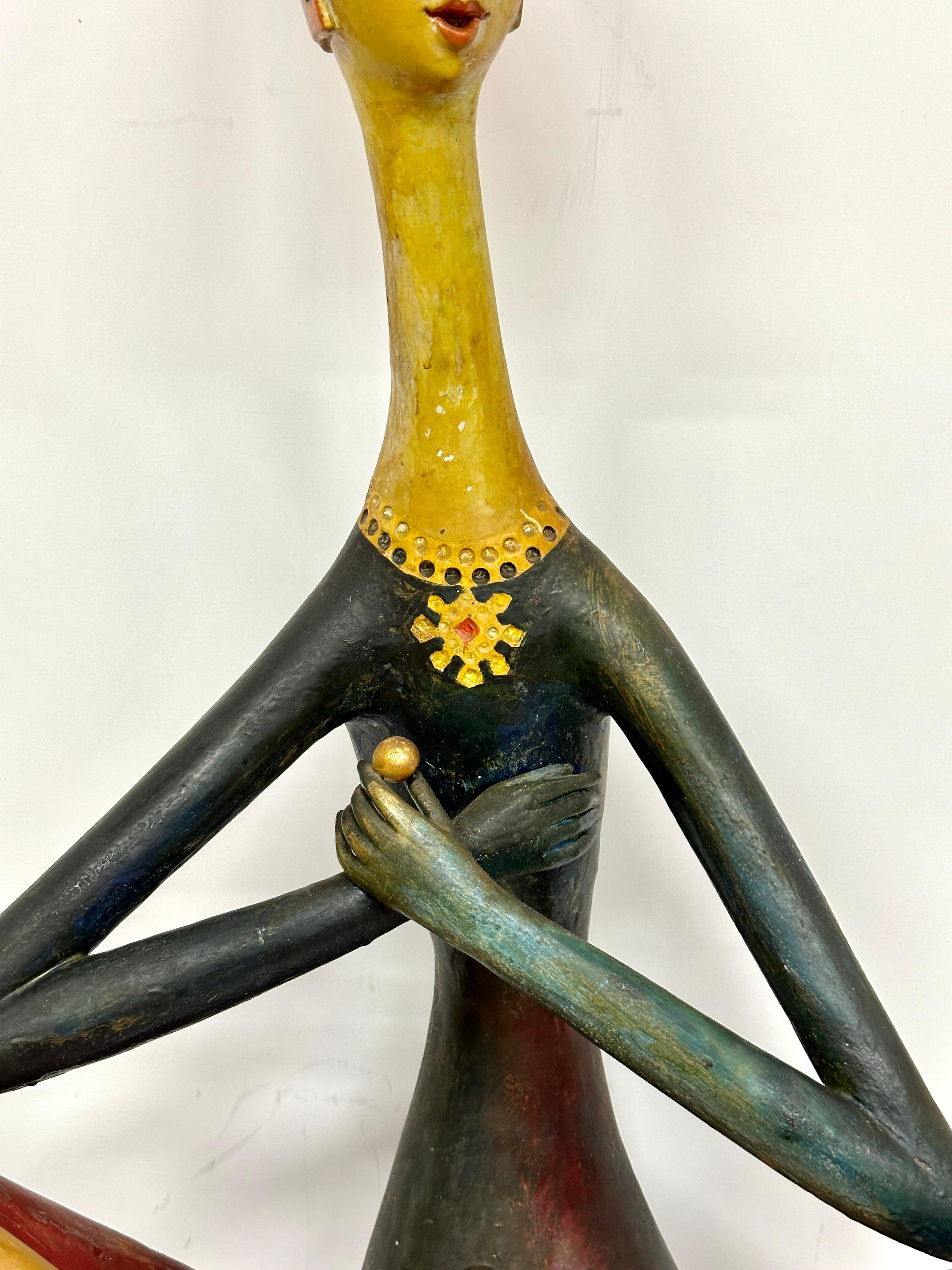 A wonderful whimsical massive pottery terracotta sculpture from 1962, signed Selbmann Roma, Italy. 
The piece just conveys joy and happiness. Muted colors. The piece has an old repair to one leg, and appears to have been repainted on the legs. There