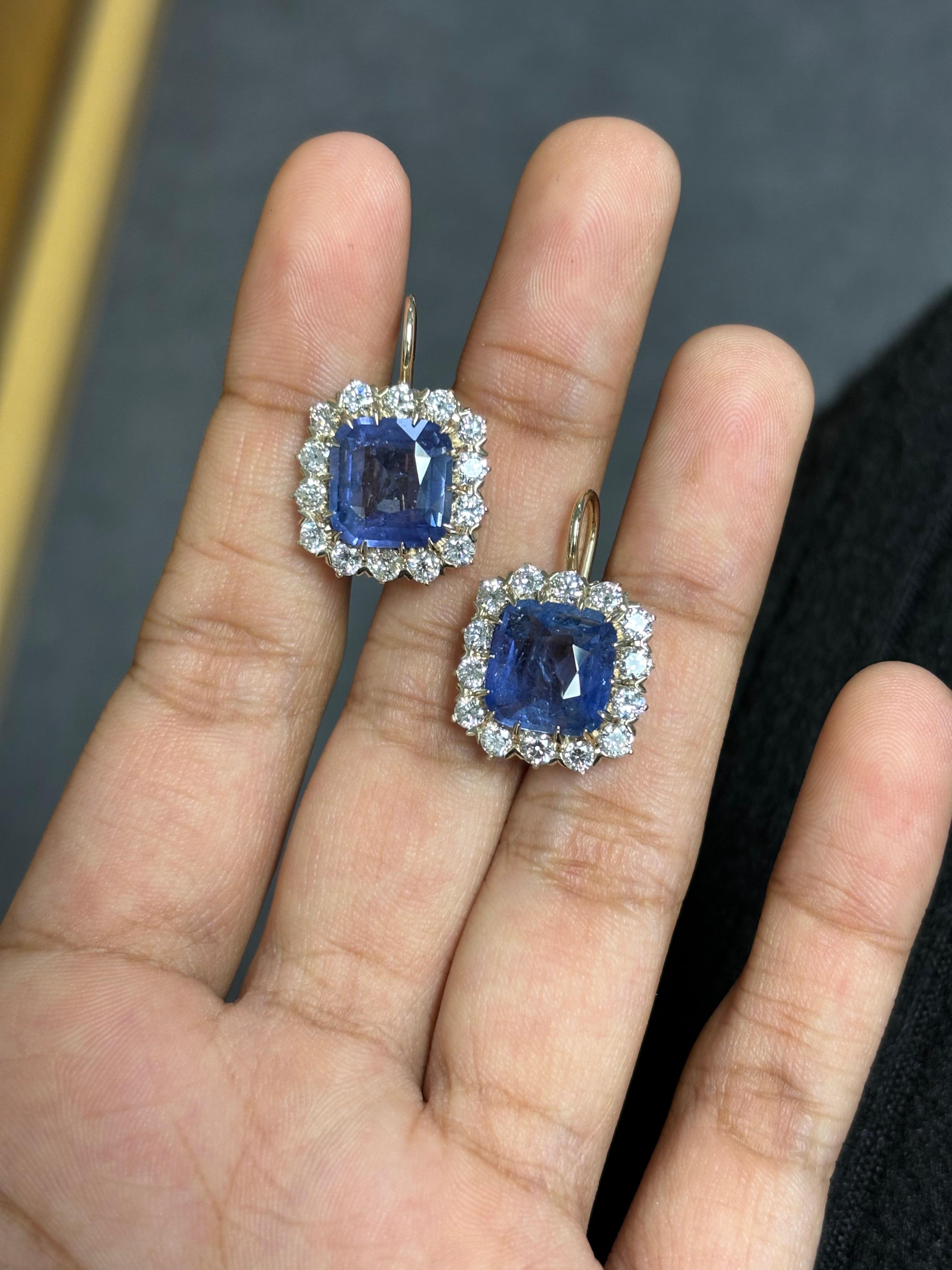 9.63 Carat Art Deco Cushion Sapphire & Old Mine Cut Diamond Drop Earrings In New Condition In Bangkok, TH