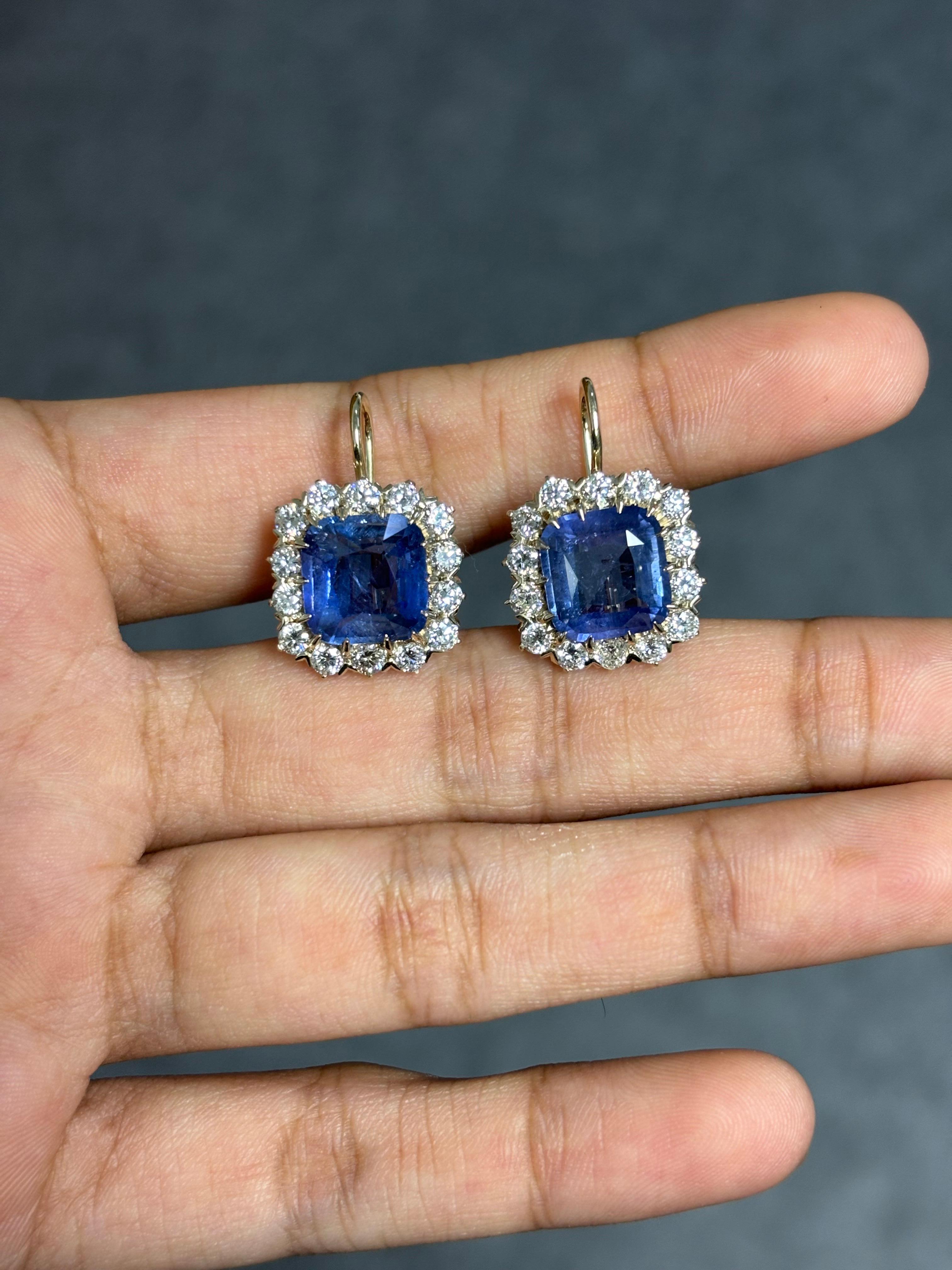 Women's or Men's 9.63 Carat Art Deco Cushion Sapphire & Old Mine Cut Diamond Drop Earrings
