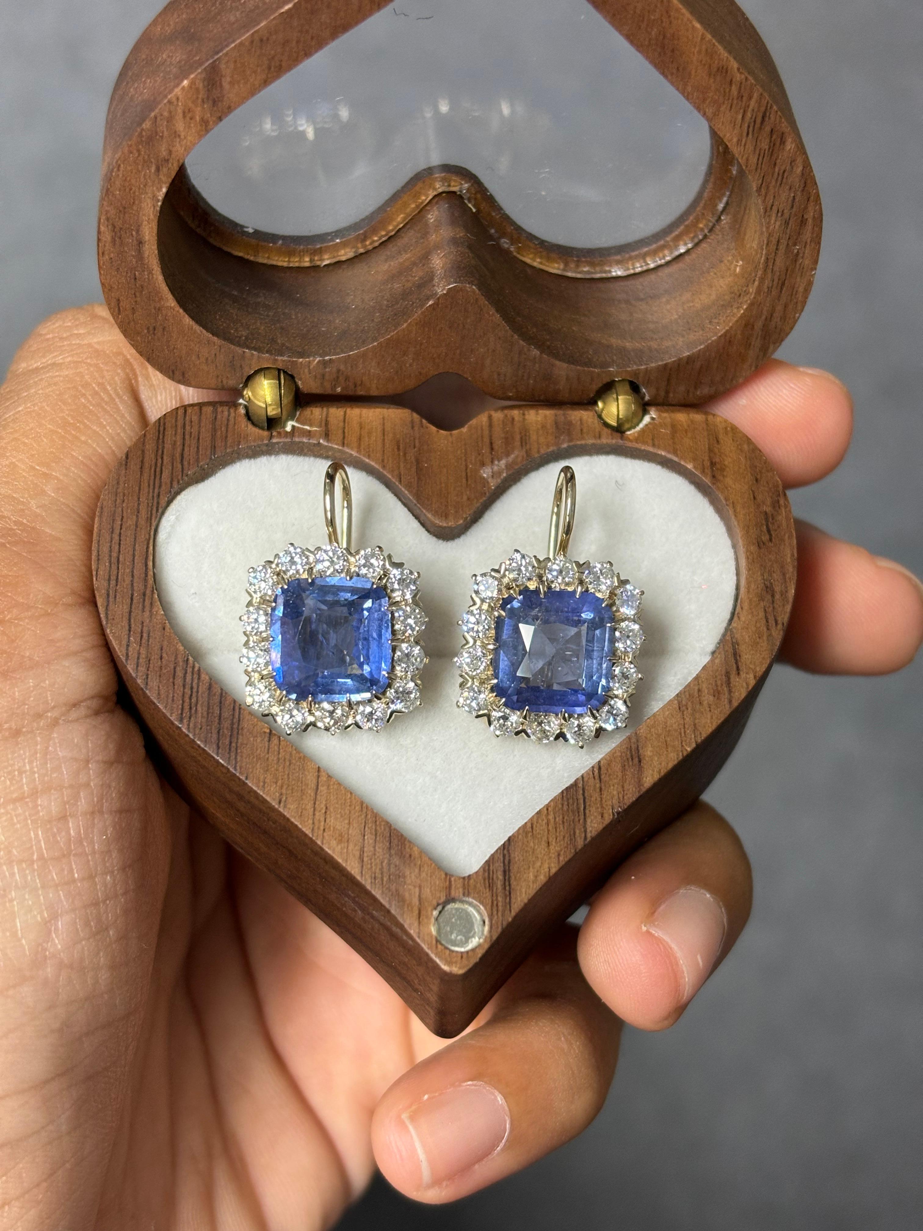 9.63 Carat Art Deco Cushion Sapphire & Old Mine Cut Diamond Drop Earrings 1