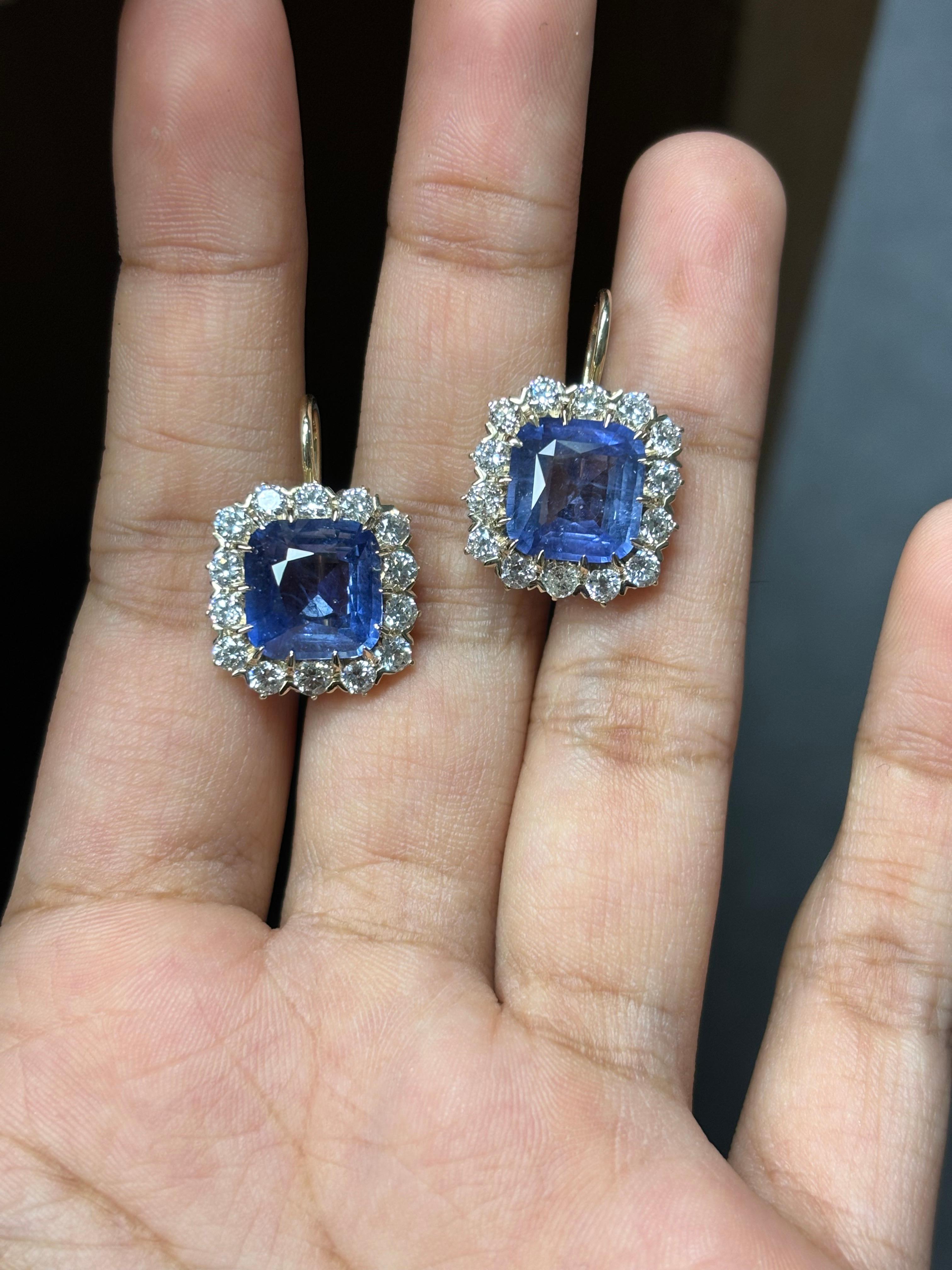 9.63 Carat Art Deco Cushion Sapphire & Old Mine Cut Diamond Drop Earrings 2