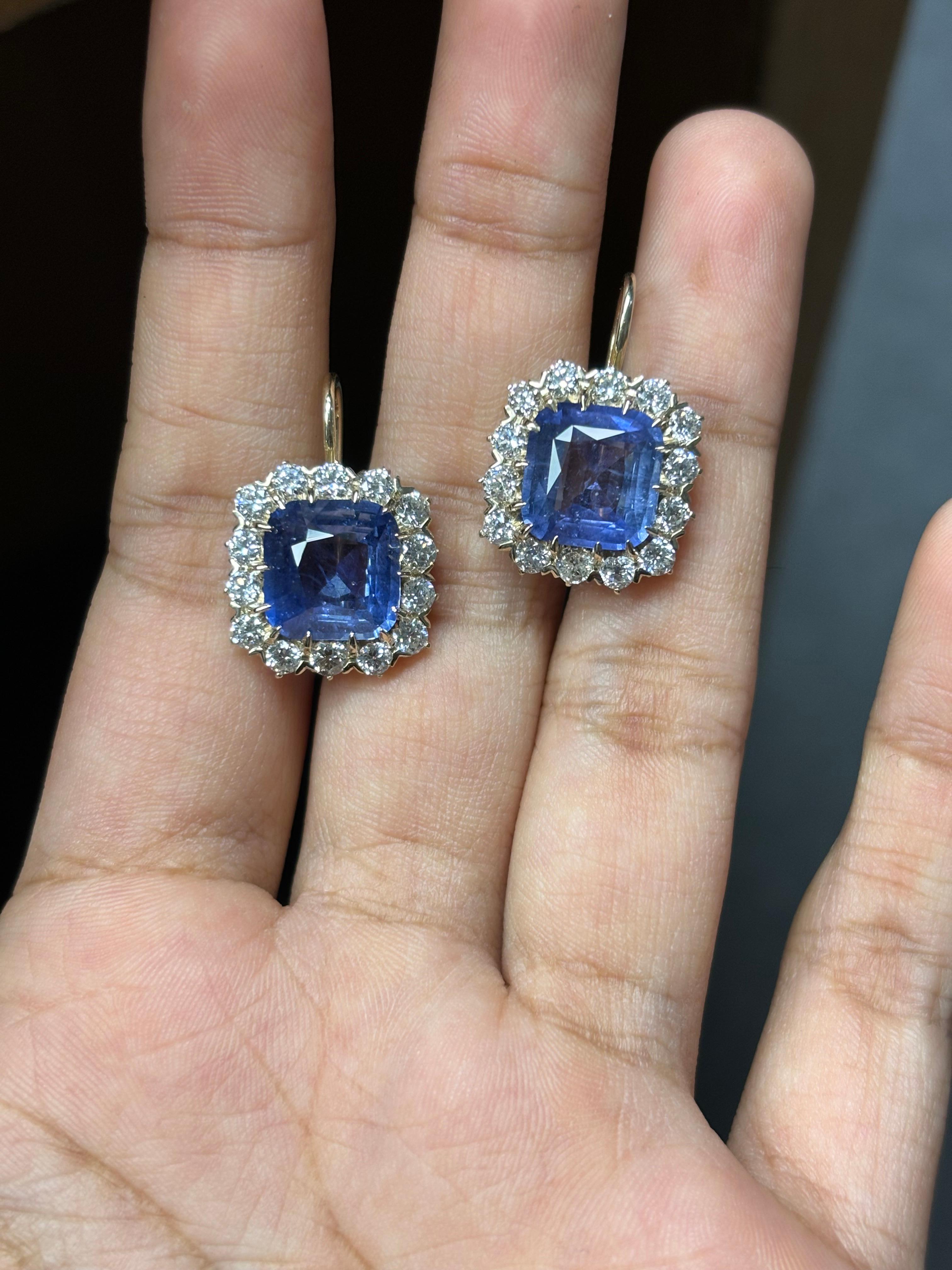 9.63 Carat Art Deco Cushion Sapphire & Old Mine Cut Diamond Drop Earrings 3