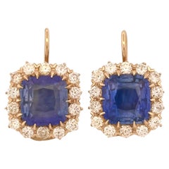 9.63 Carat Art Deco Cushion Sapphire & Old Mine Cut Diamond Drop Earrings