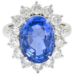 9.63 Carat No Heat Ceylon Sapphire Diamond Platinum Cluster Ring GIA