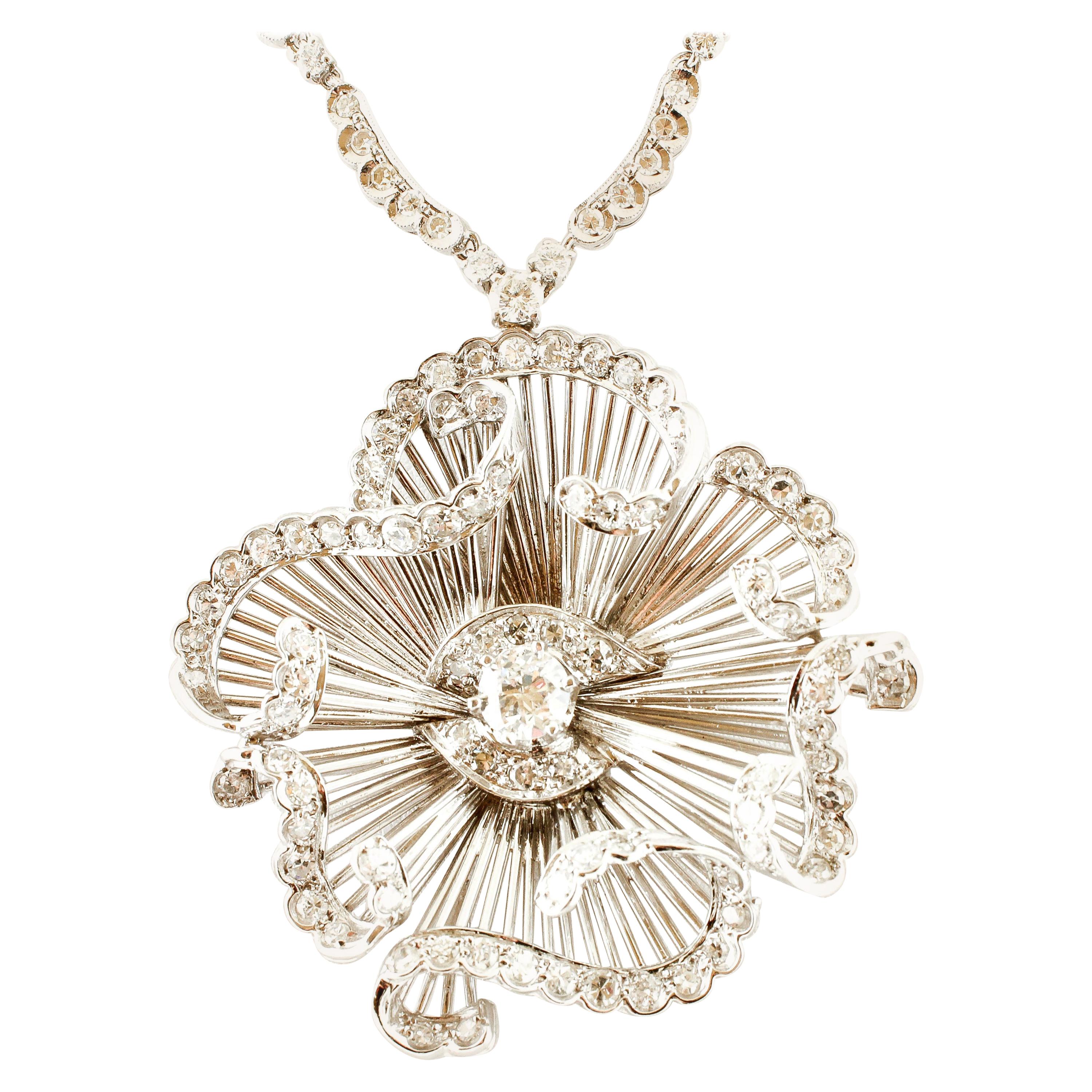 9.63 Carat White Diamonds, 18 Karat White Gold, Flower Shape Pendant Necklace