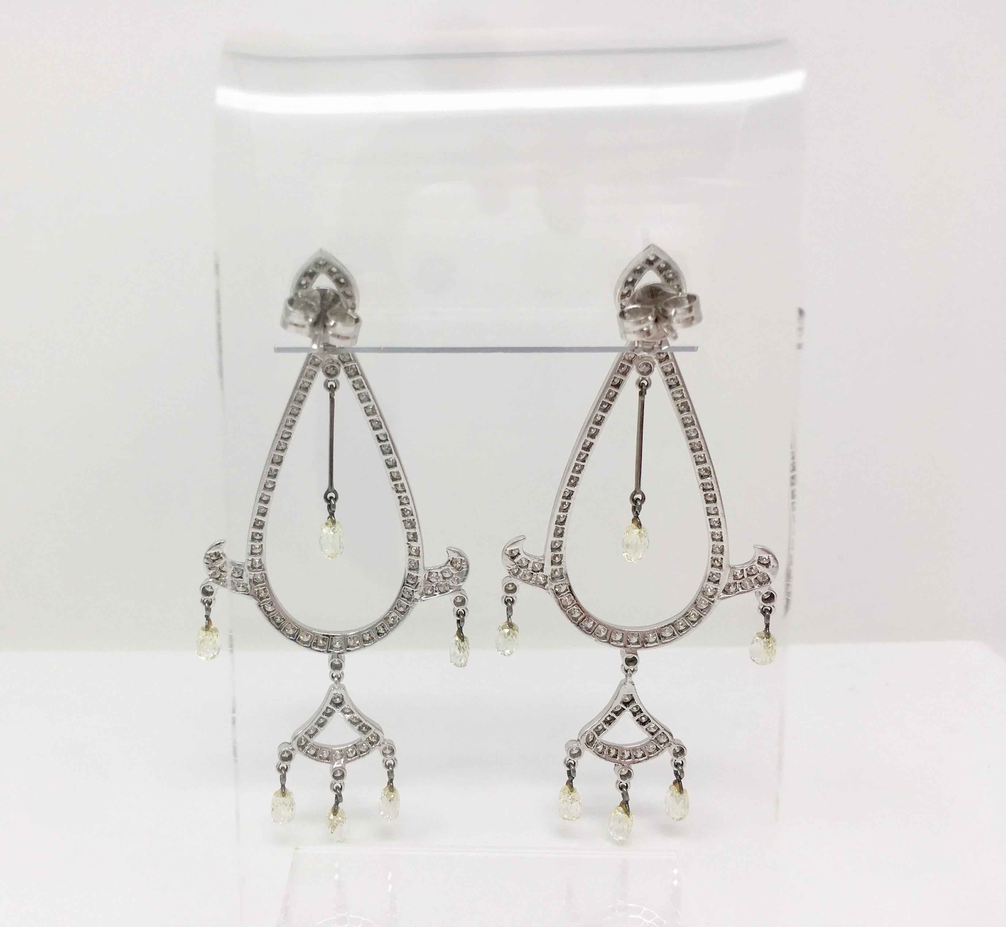 Round Cut 9.63 Carat White Round Brilliant Diamond And White Briolette Diamond Earrings For Sale