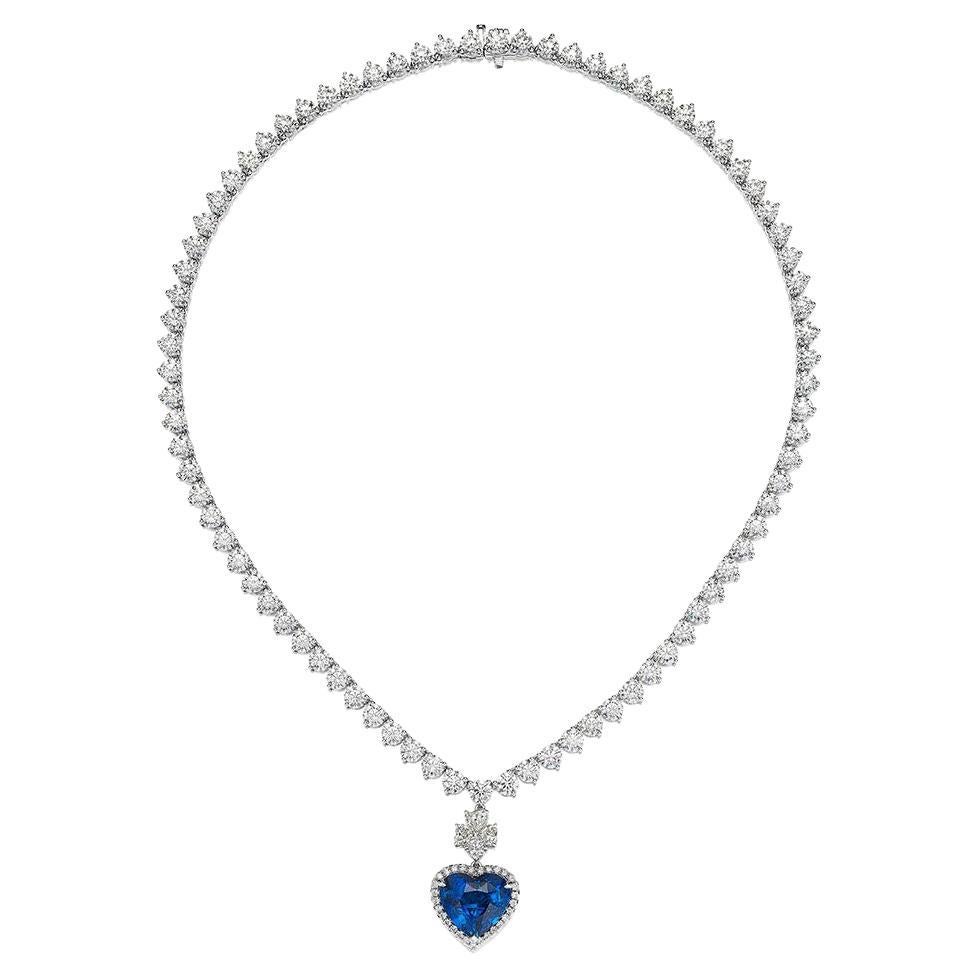 9.63ct GRS Certified Heart Shape Sri Lanka Sapphire & Diamond Tennis Necklace