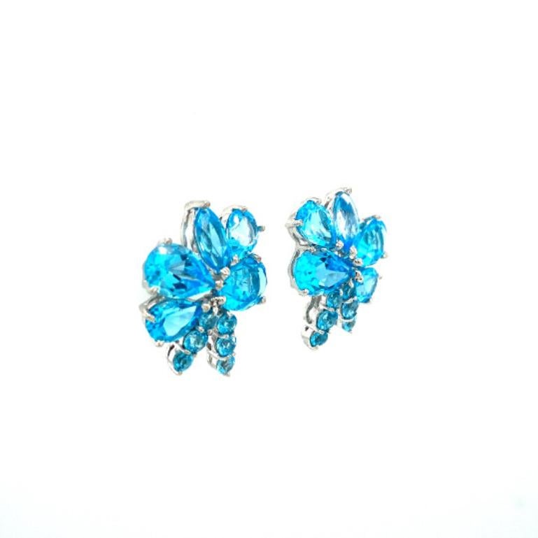 Art Nouveau 9.64 Carat Blue Topaz Statement Flower Wedding Earrings in 925 Silver For Sale