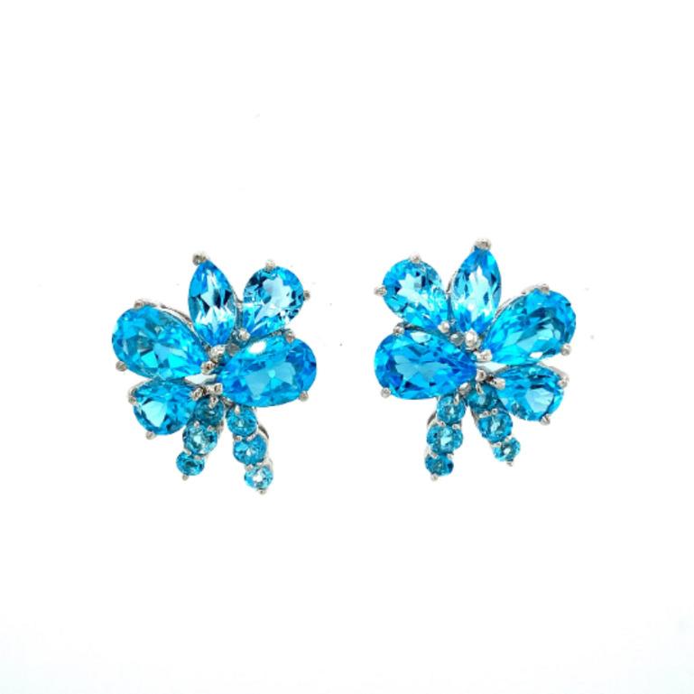 Mixed Cut 9.64 Carat Blue Topaz Statement Flower Wedding Earrings in 925 Silver For Sale