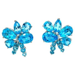 9.64 Carat Blue Topaz Statement Flower Wedding Earrings in 925 Silver