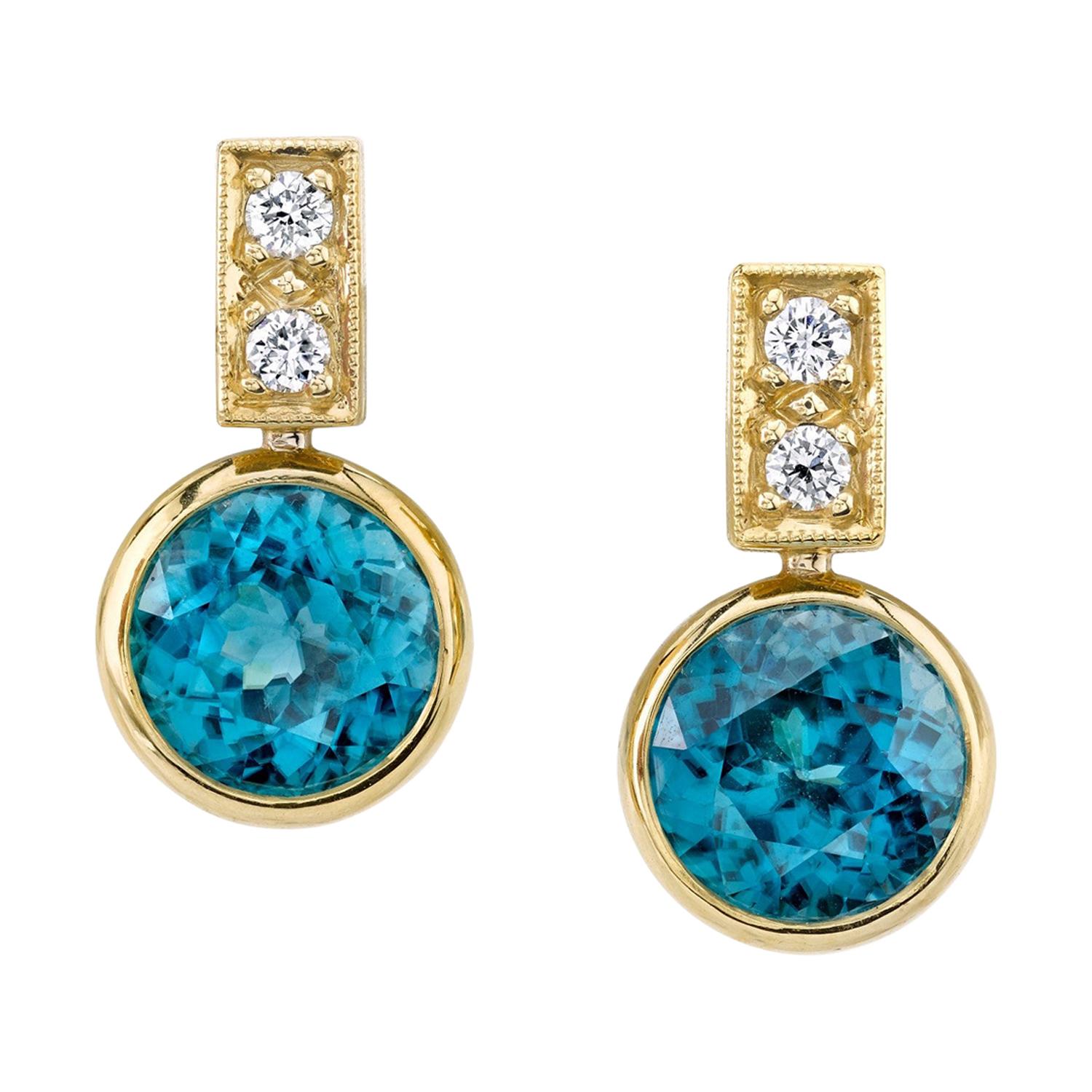 Blaue Zirkon- und Diamant-Tropfen-Ohrringe aus 18 Karat Gelbgold, insgesamt 9,64 Karat im Angebot