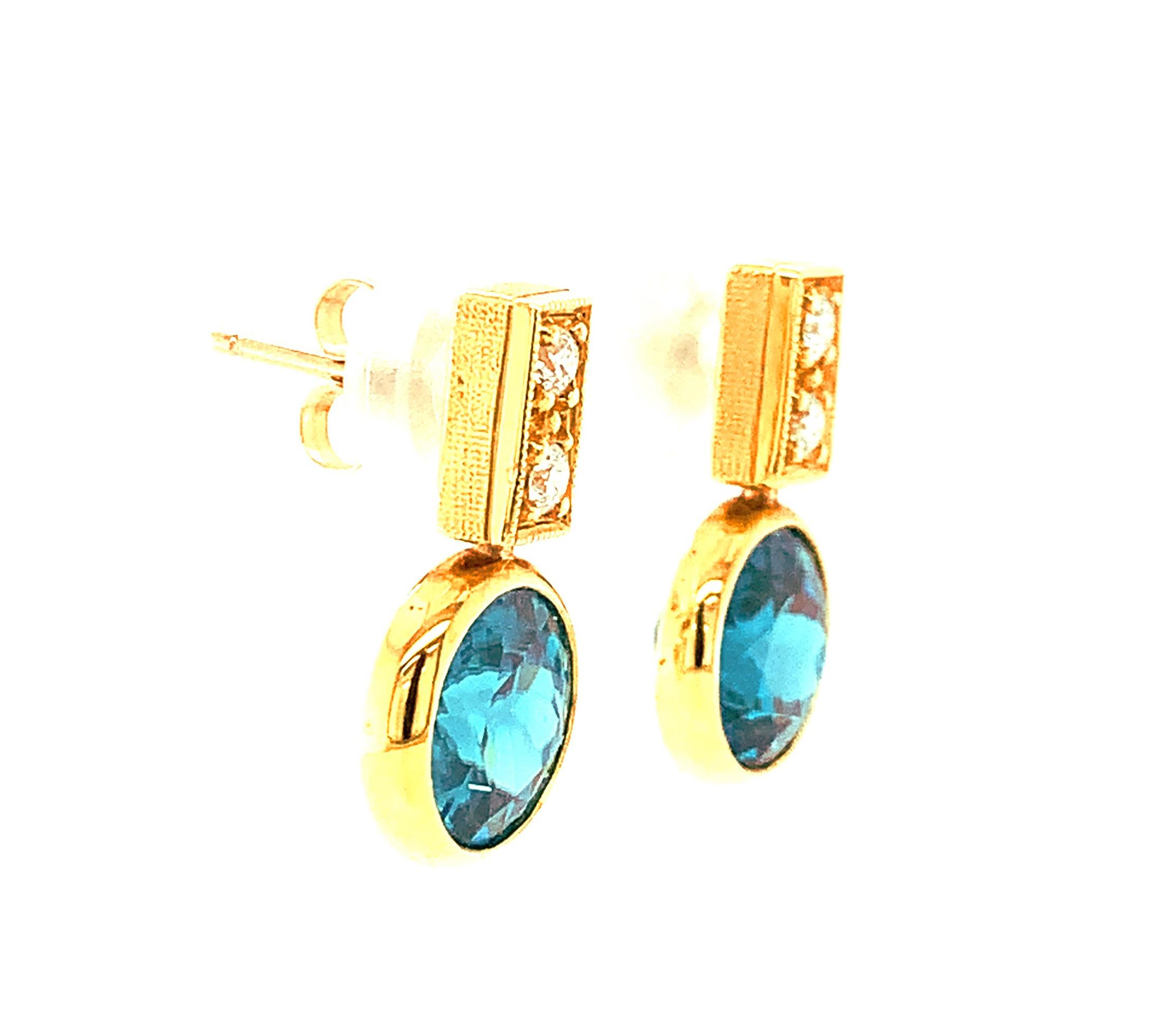 Round Cut Blue Zircon and Diamond Drop Earrings in 18K Yellow Gold, 9.64 Carats Total For Sale