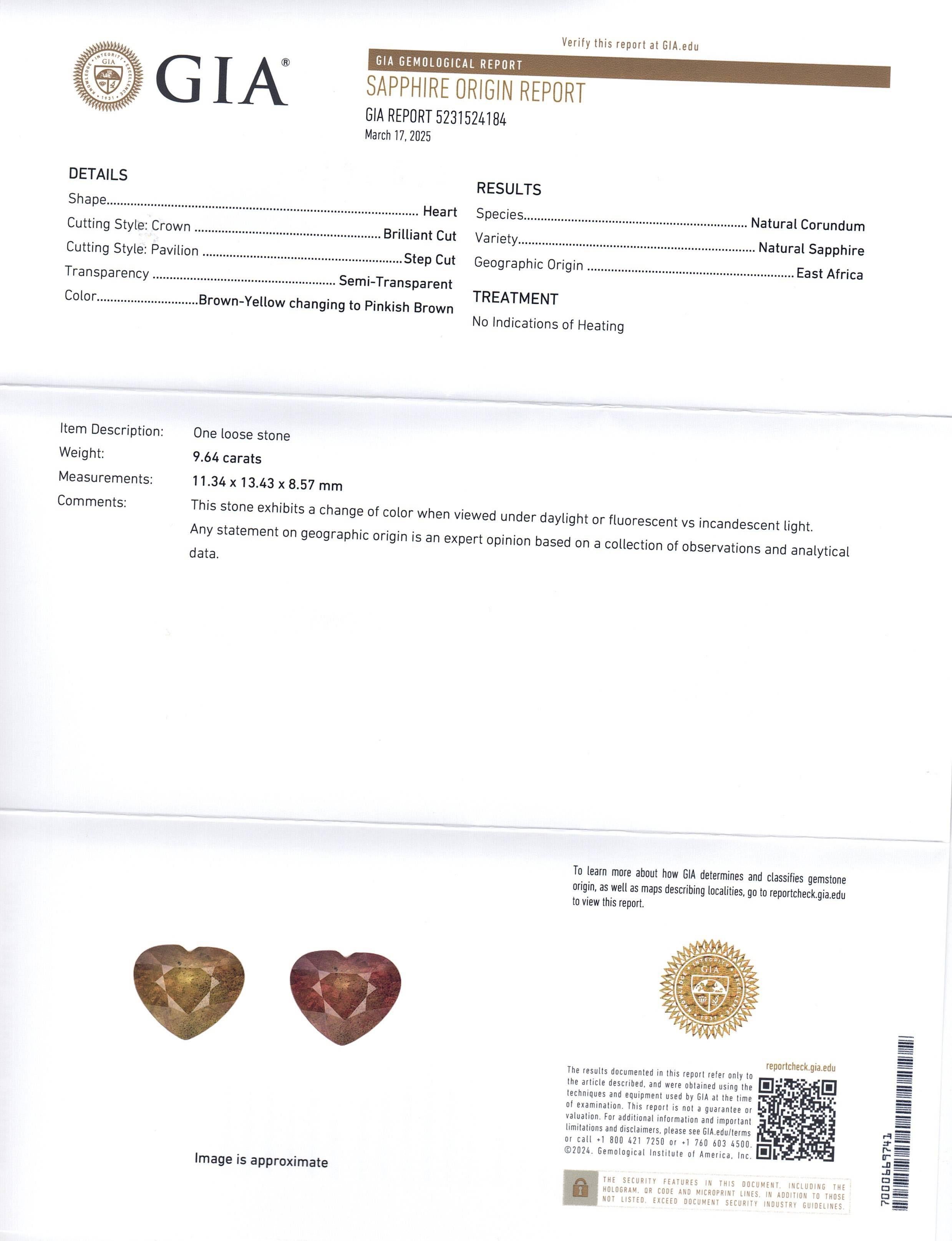 Women's or Men's 9.64ct Heart Brown-Yellow to Pinkish Brown Sapphire GIA Certified East Africa Un For Sale