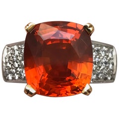 9.65 Carat Huge Cushion Natural Reddish Orange Sapphire and Diamond Ring