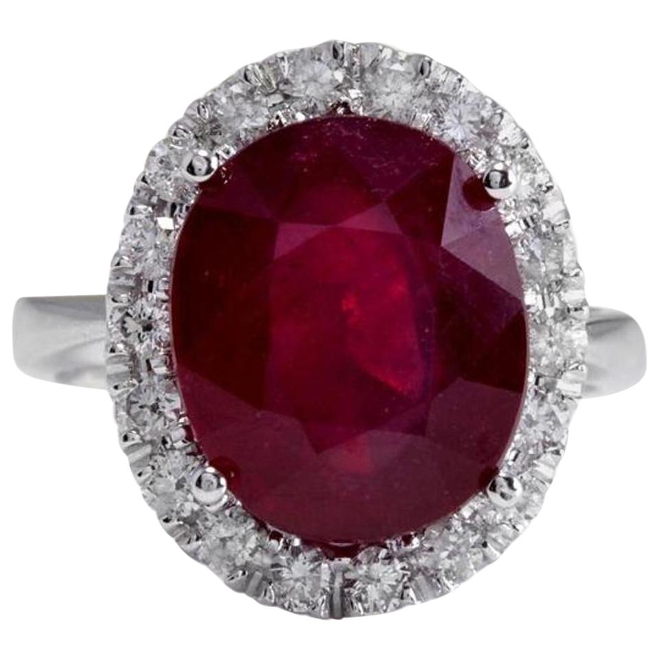 9.65 Carat Impressive Natural Red Ruby and Diamond 14 Karat White Gold Ring For Sale