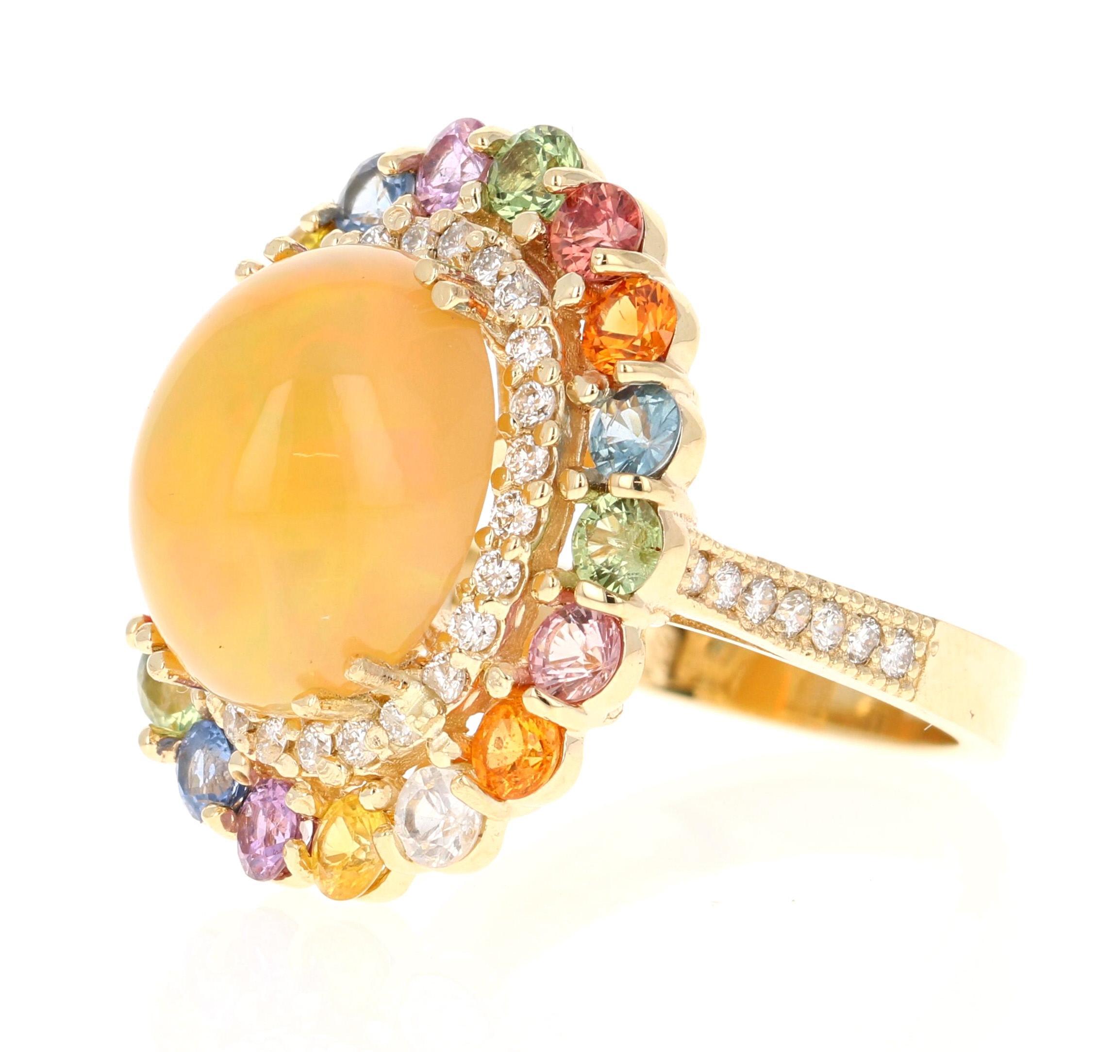 Cabochon 9.65 Carat Opal Sapphire Diamond Yellow Gold Cocktail Ring For Sale