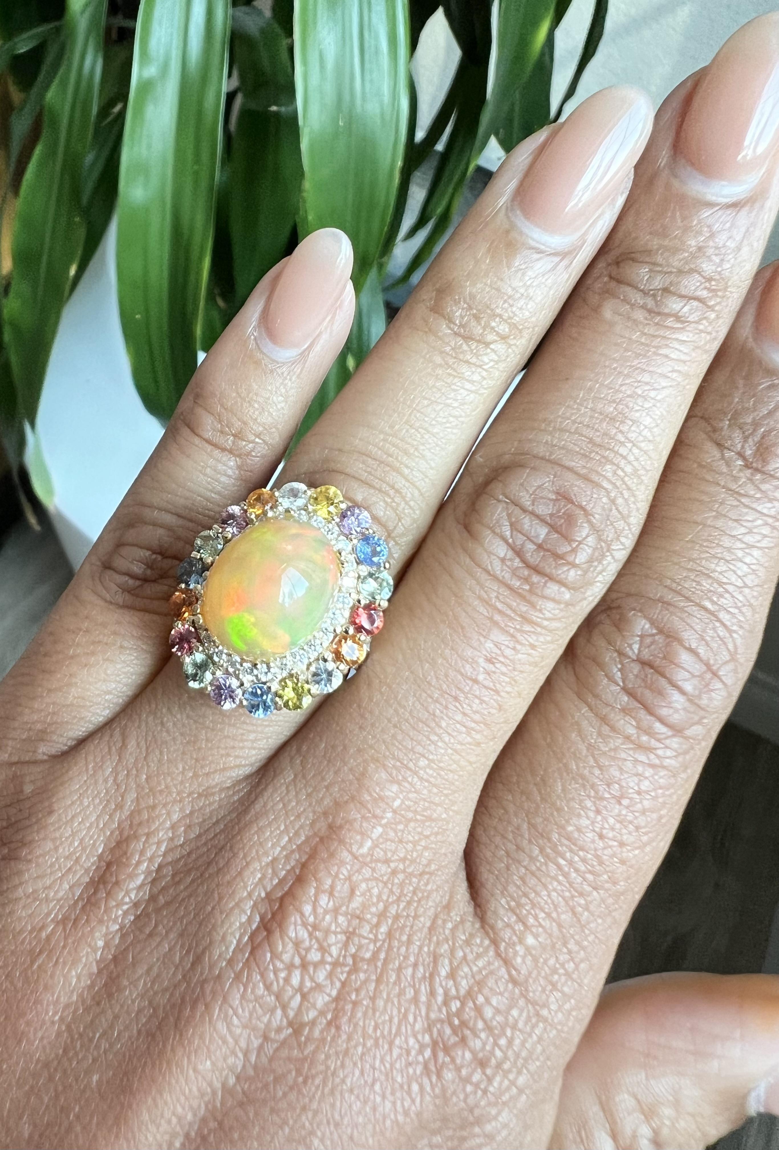 9.65 Carat Opal Sapphire Diamond Yellow Gold Cocktail Ring In New Condition For Sale In Los Angeles, CA