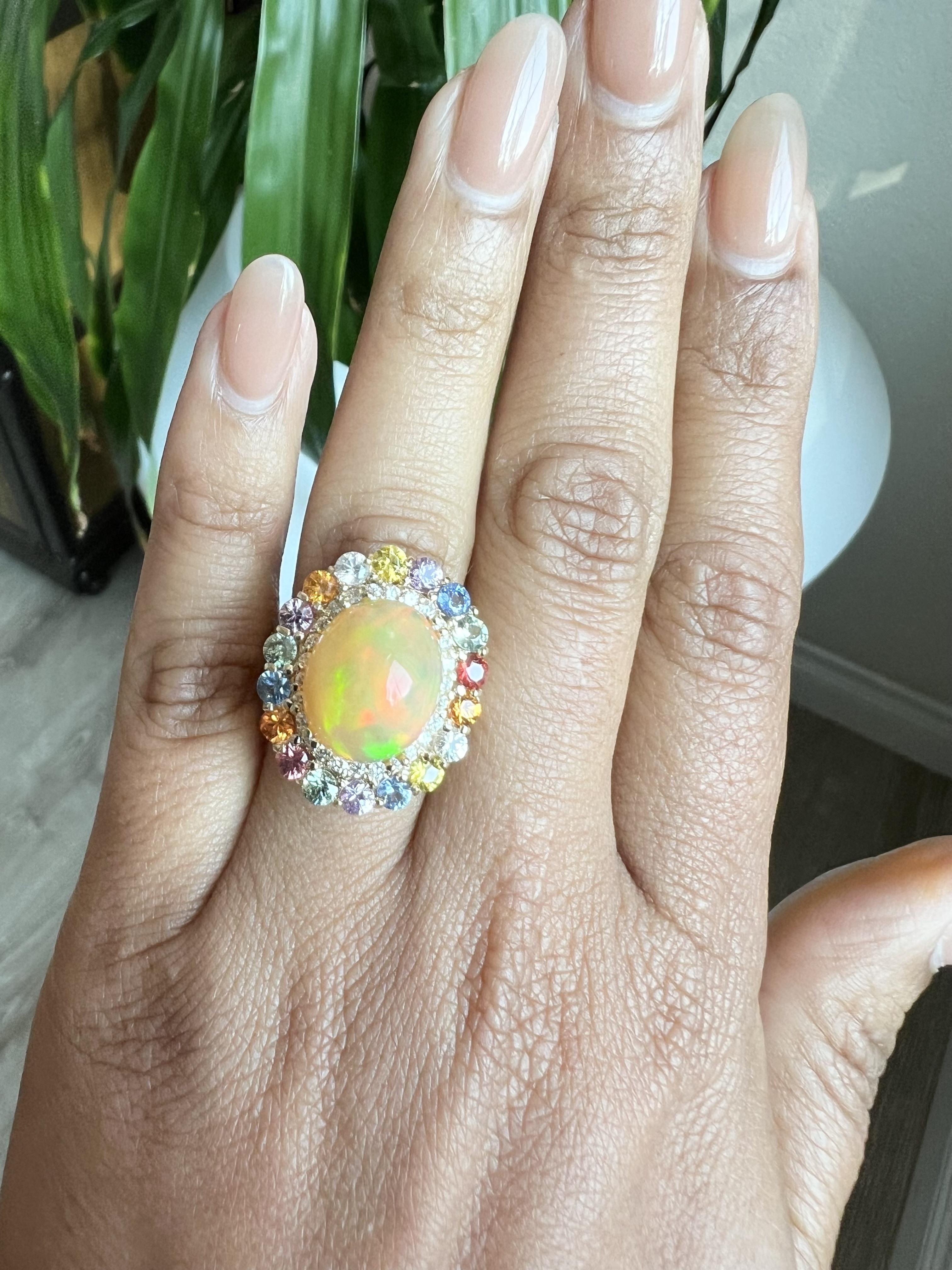 Women's 9.65 Carat Opal Sapphire Diamond Yellow Gold Cocktail Ring For Sale