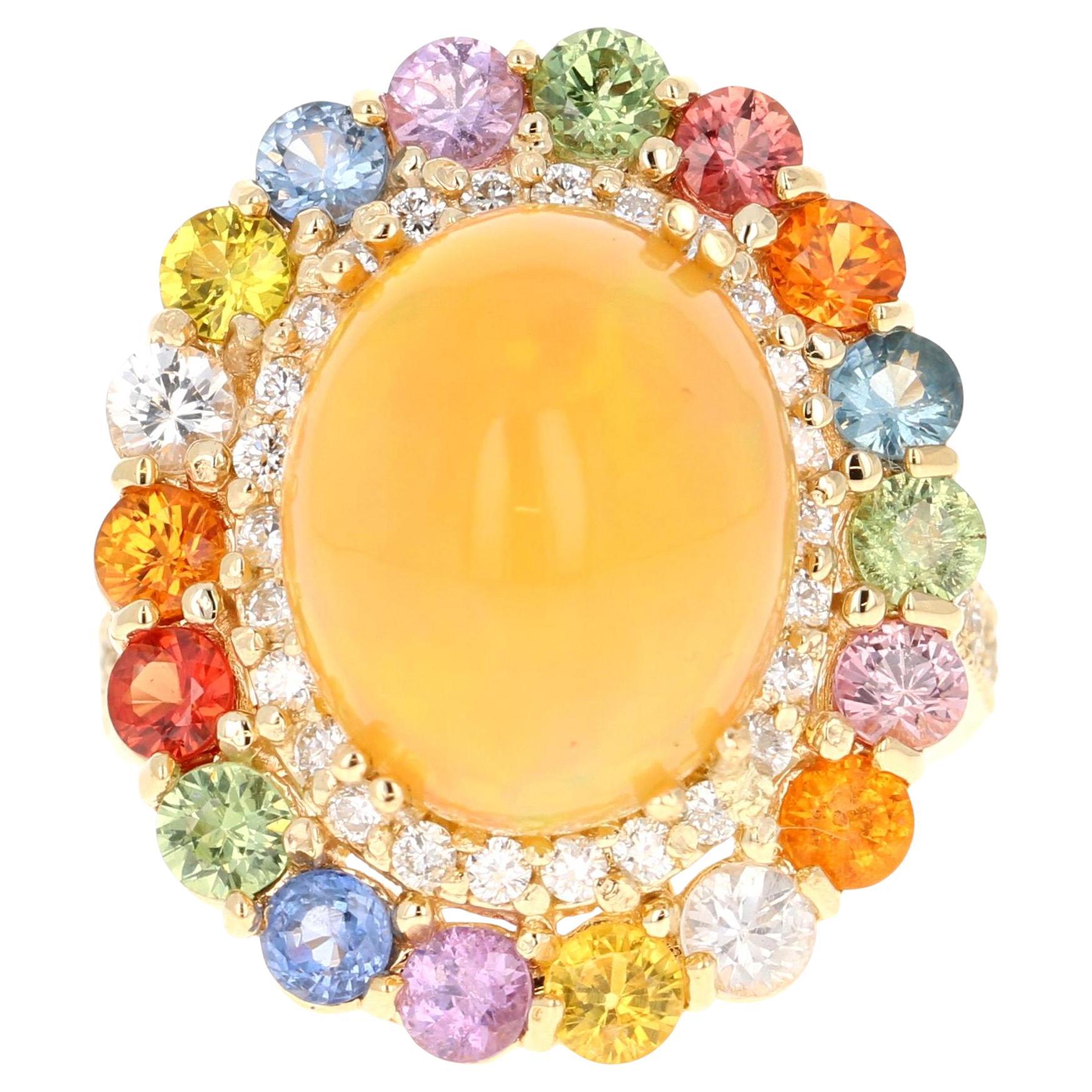 9.65 Carat Opal Sapphire Diamond Yellow Gold Cocktail Ring For Sale