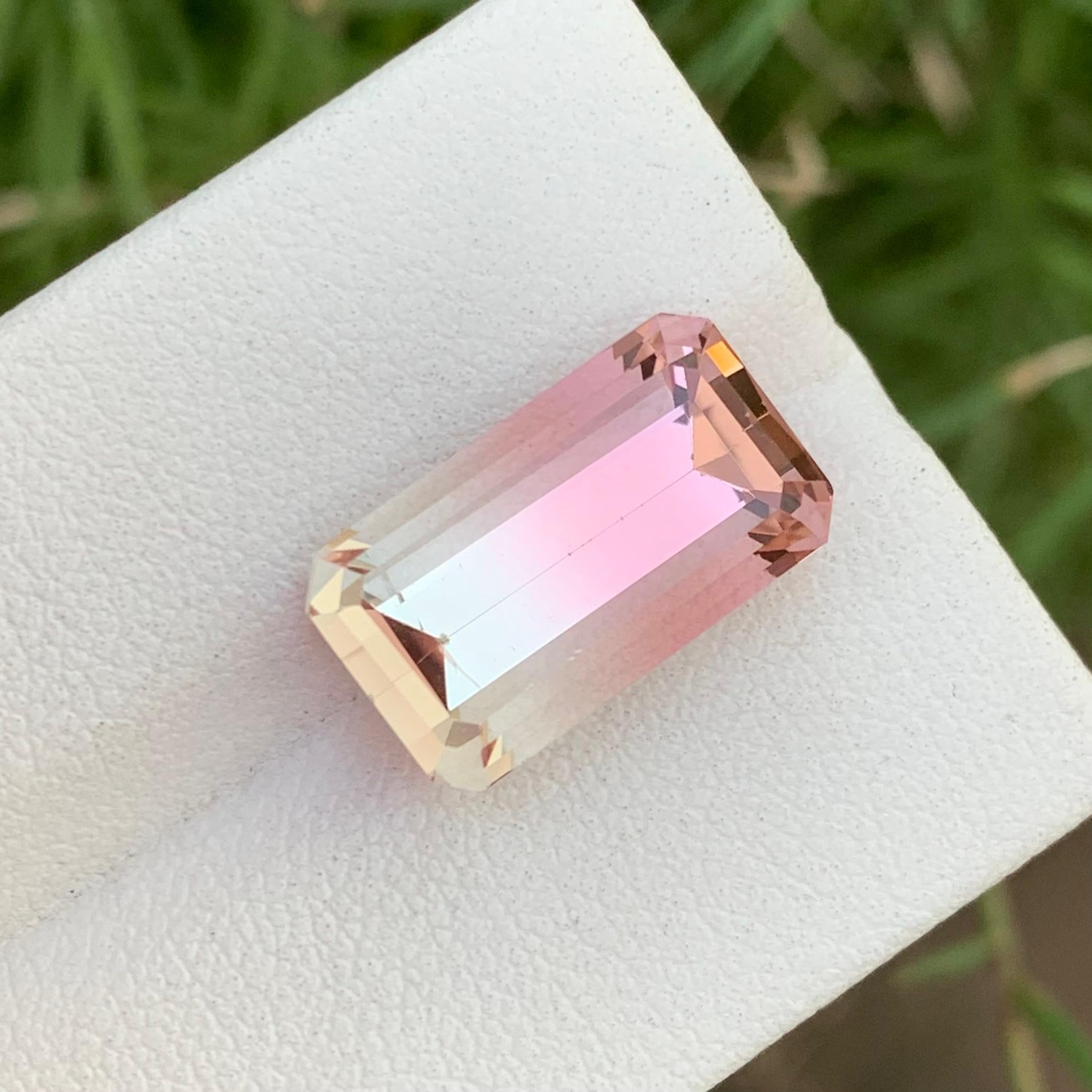 Loose Tourmaline 
Weight; 9.65 Carats 
Dimension: 15.4x7.9x8 Mm
Origin: Kunar Afghanistan 
Shape: Emerald 
Color: Pink & Light Yellow 
Treatment: Untreated/ Unheated 
Certificate: On Customer Demand 
Bicolor tourmaline, a captivating gemstone