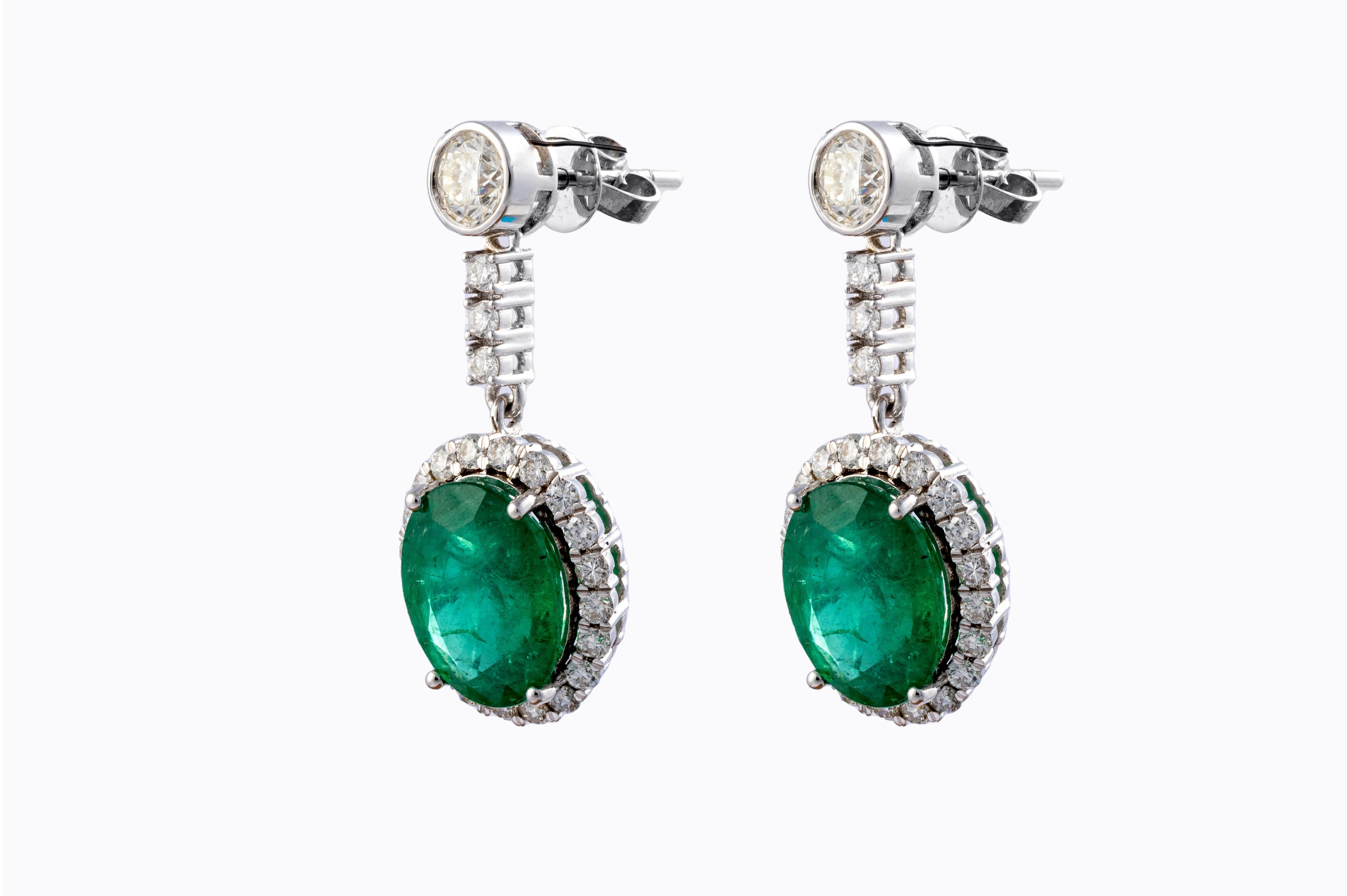 Emerald Cut 9.65 carats Natural Zambian Emerald Earring with 2.42 cts diamond and 14k Gold For Sale