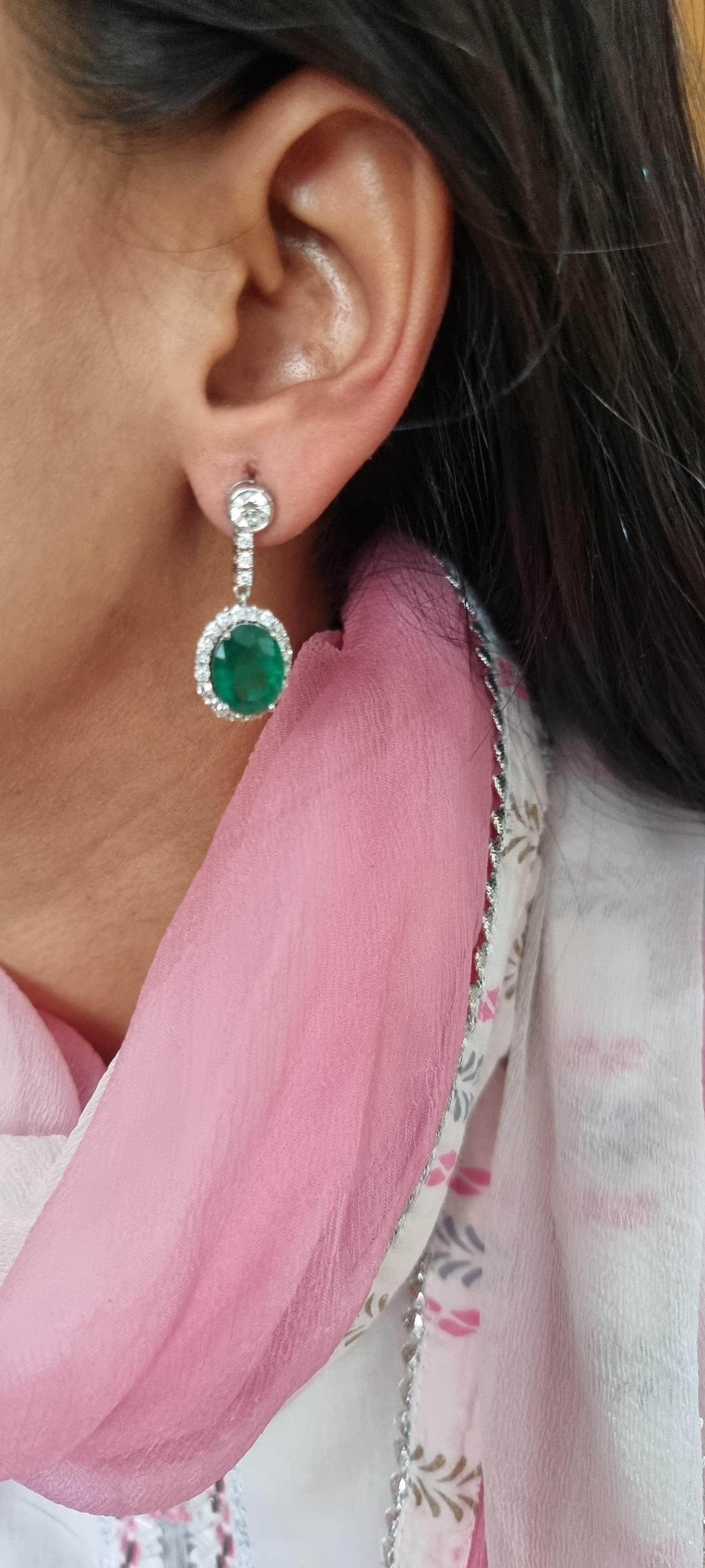 Women's 9.65 carats Natural Zambian Emerald Earring with 2.42 cts diamond and 14k Gold For Sale