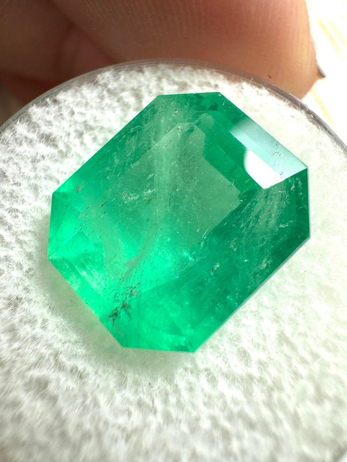 Stein: Smaragd
Gewicht: 9,66 Karat
Form: Smaragd-Schliff
Klarheit: Transparent
Lüster: Sehr gut
Farbe: Mittelgrün
Abmessungen: 13,86 mm x 11,97 mm x 8,13 mm
Geografische Herkunft: Kolumbien
Behandlung: Natürlich, Ölen

Bemerkungen: Aufgrund der