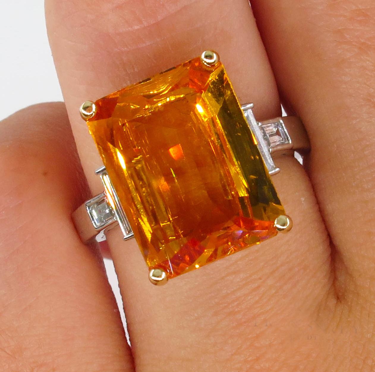 9.66 Carat GIA Natural Yellow-Orange Sapphire and Diamond Platinum Ring 2