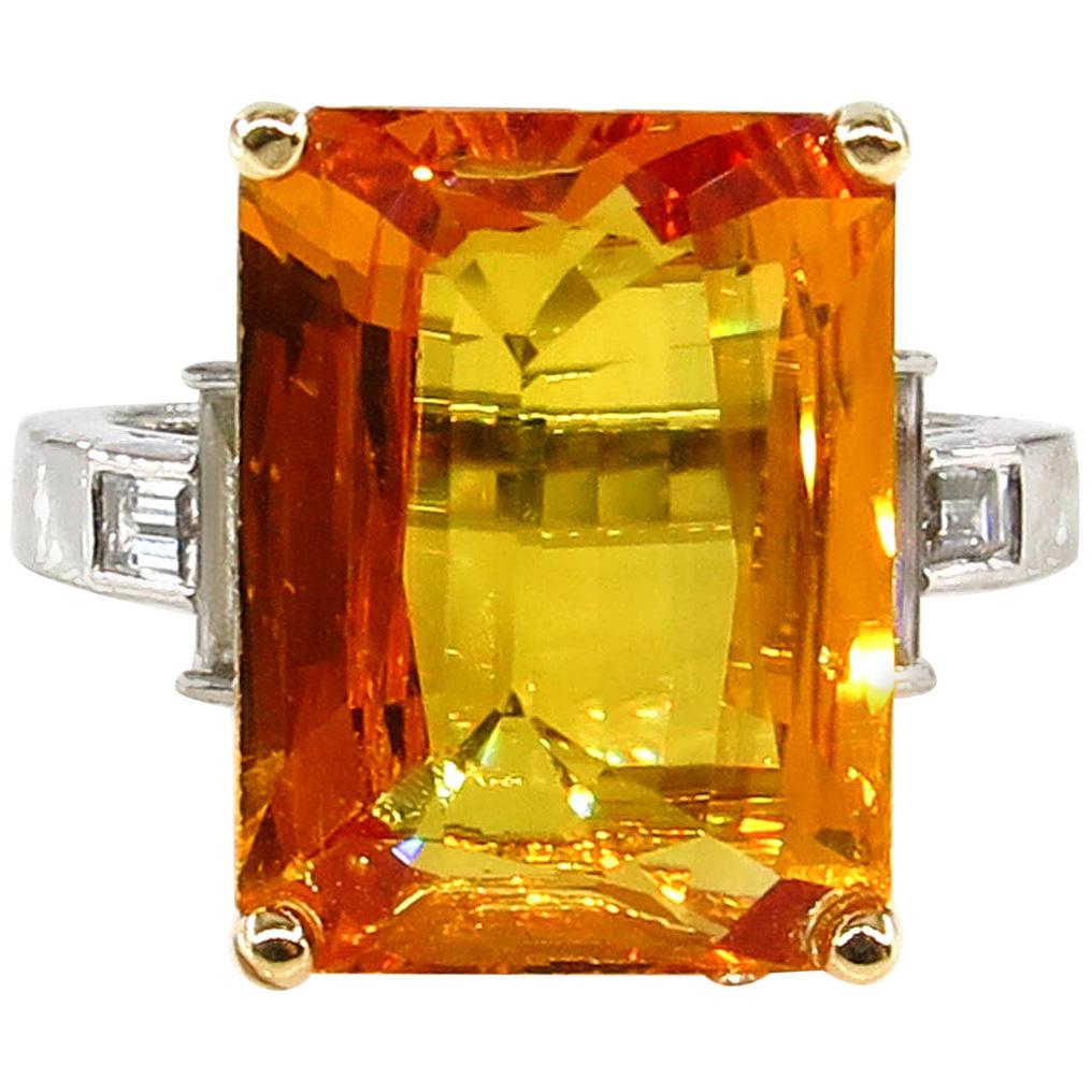 9.66 Carat GIA Natural Yellow-Orange Sapphire and Diamond Platinum Ring
