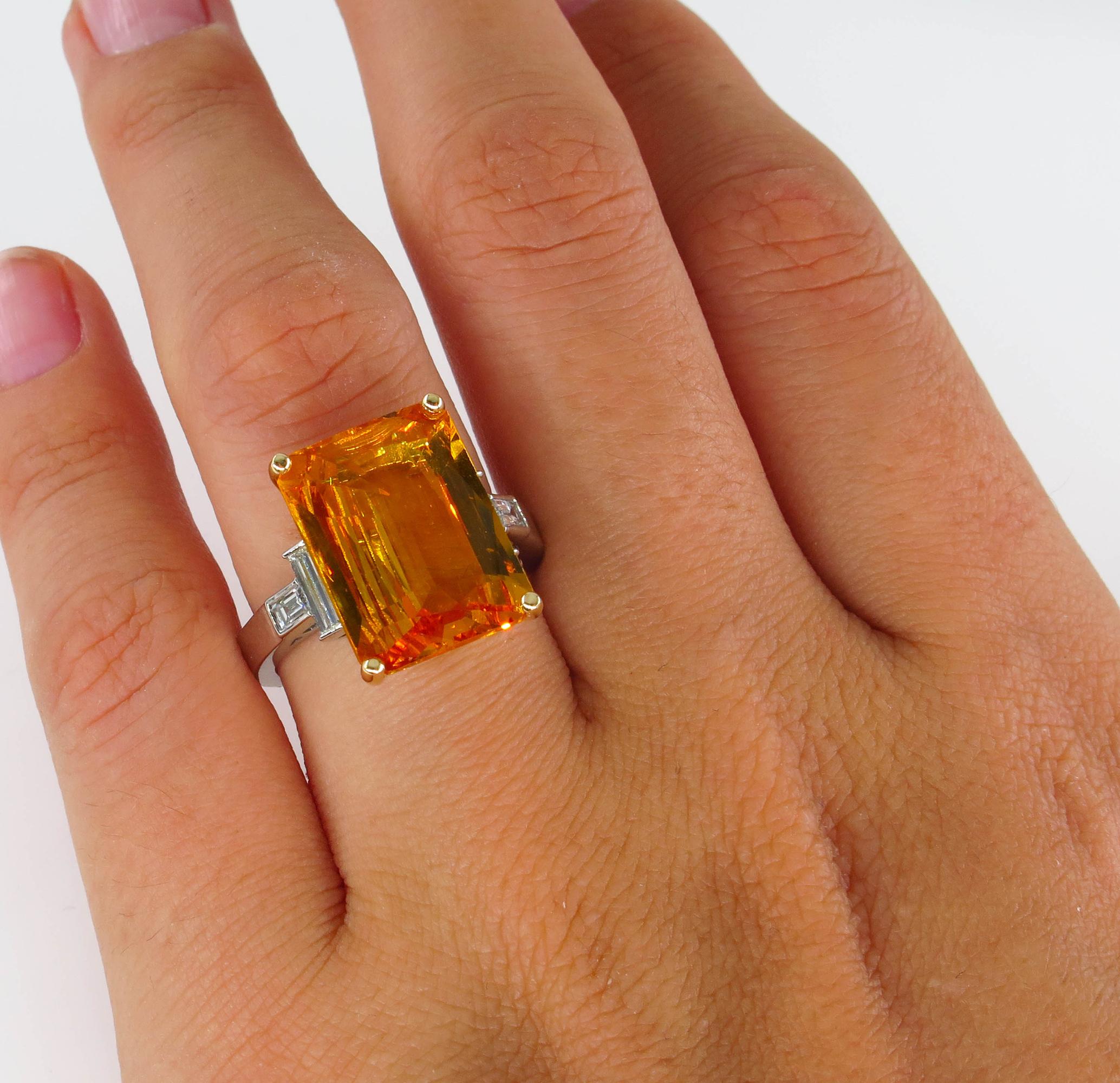 9.66 Carat GIA Natural Yellow-Orange Sapphire and Diamond Platinum Ring In Good Condition In New York, NY