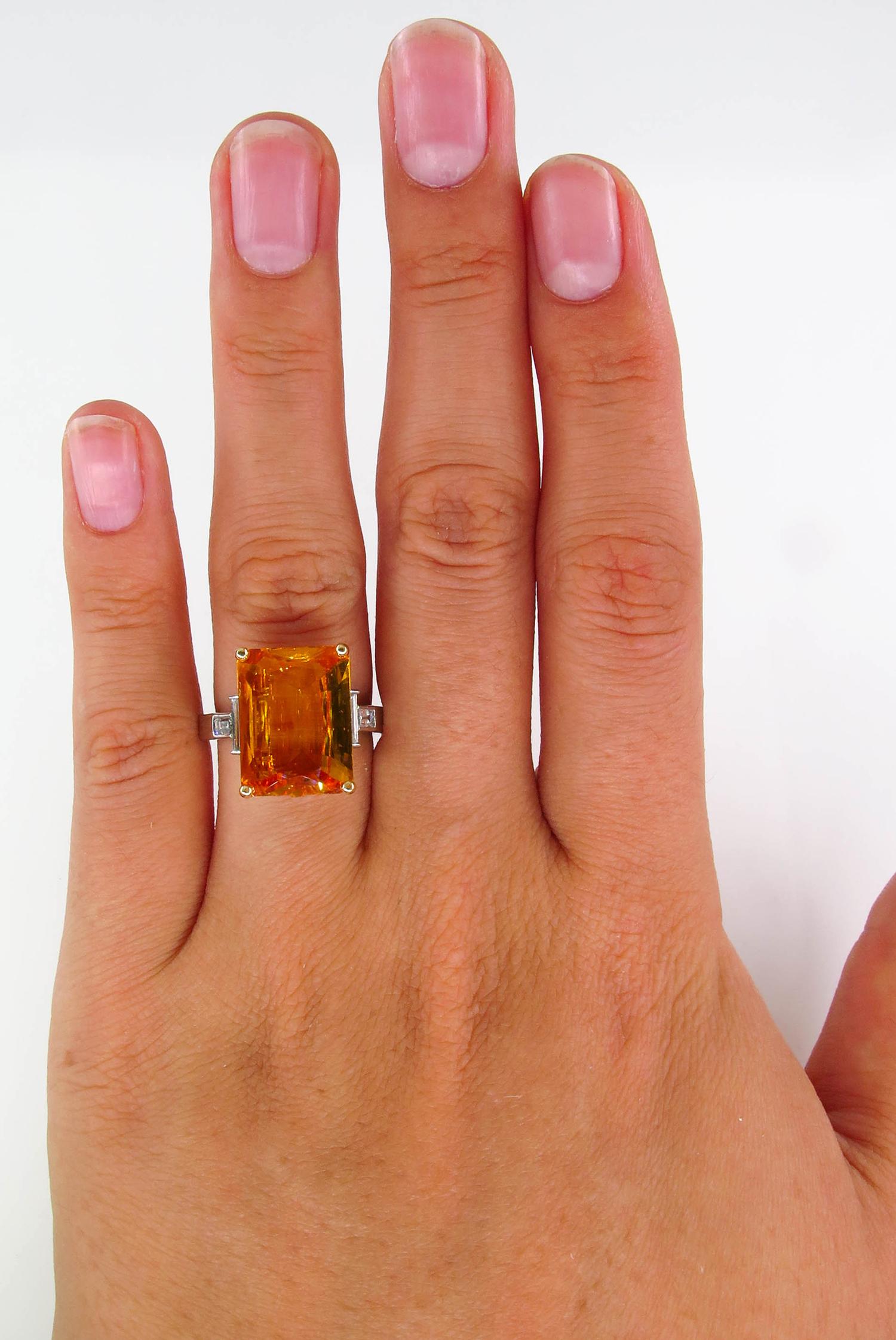 Emerald Cut 9.66 Carat GIA Natural Yellow-Orange Sapphire and Diamond Platinum Ring