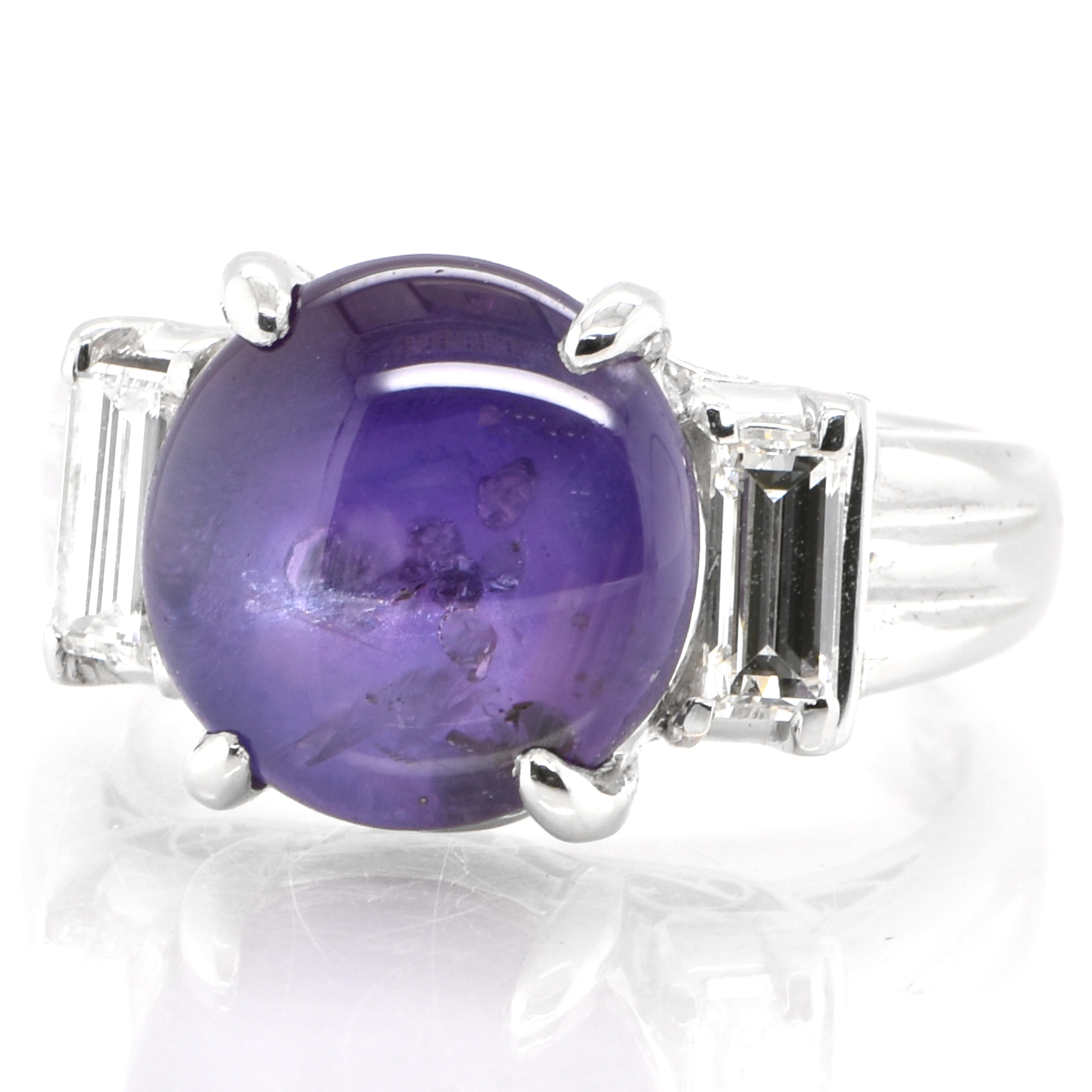 A beautiful Three Stone Ring featuring 9.67 Carat Natural Purple Star Sapphire and 0.64 Carats Diamond Accents set in Platinum. Sapphires have extraordinary durability - they excel in hardness as well as toughness and durability making them very