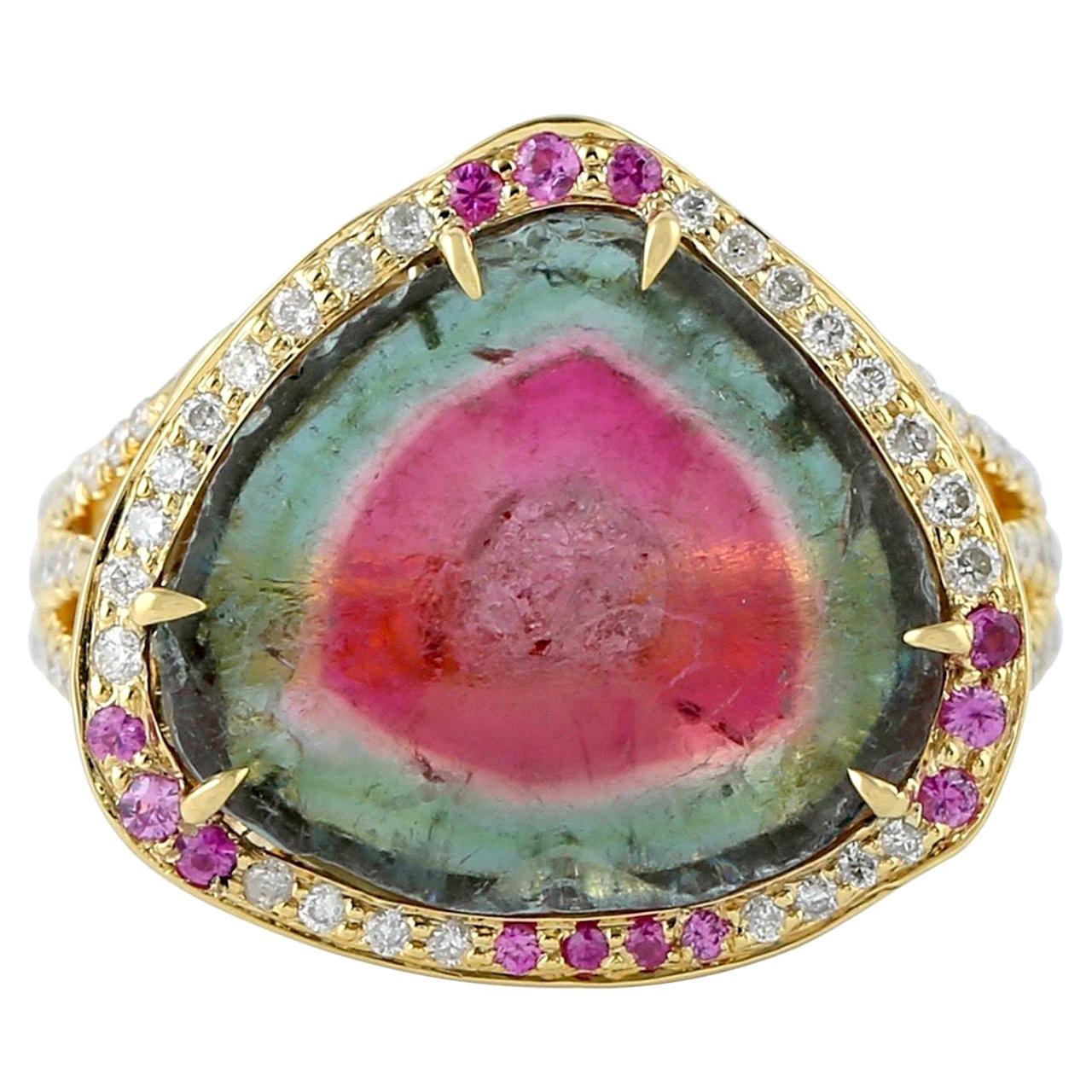 9.67 Carat Tourmaline Diamond 18 Karat Gold Ring For Sale