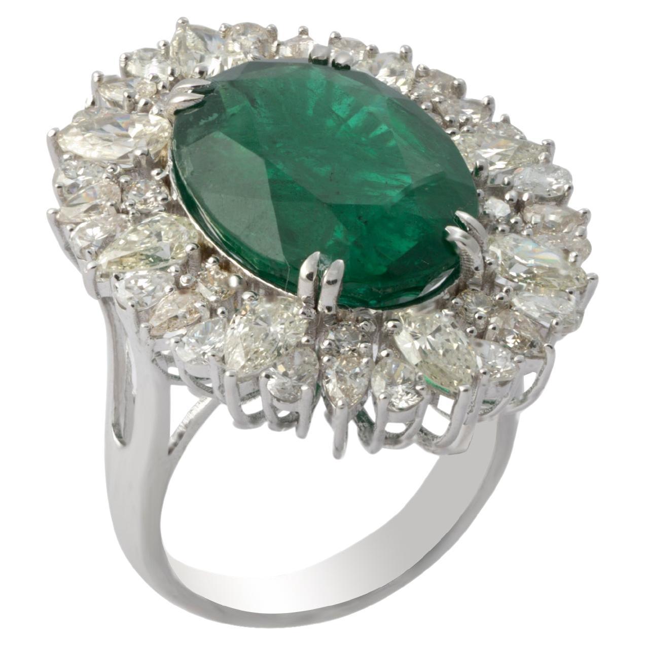 9.67 Carats Natural Zambian Emerald with Diamonds 3.37 Carats and 14k Gold For Sale