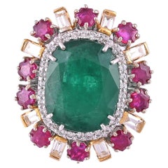 9.67 Carats, Zambian Emerald, Mozambique Ruby & Diamonds Cocktail Ring