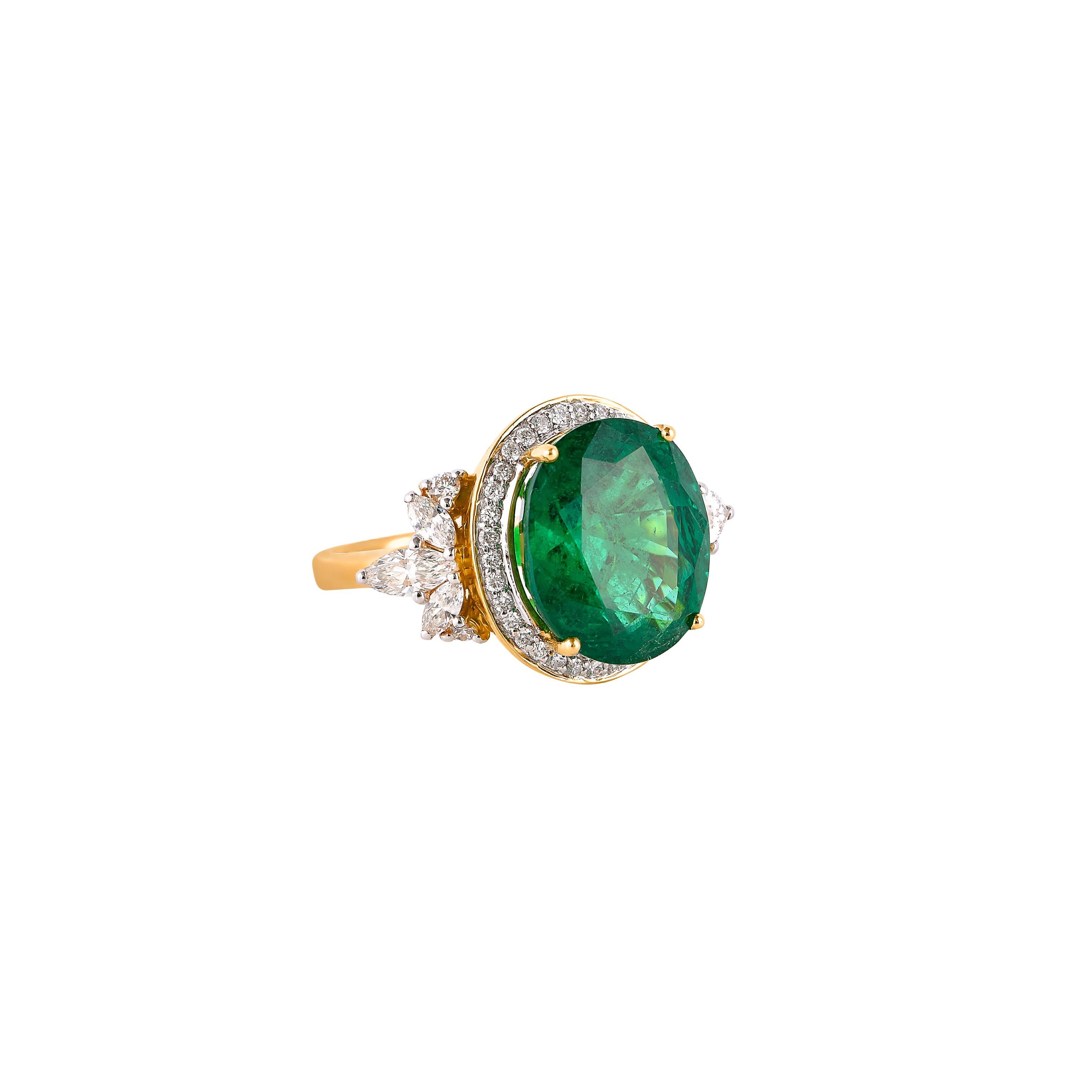 Oval Cut Sunita Nahata GRS Certified Zambian Emerald 9.60ct. Ring in 18KYG with Diamond. For Sale
