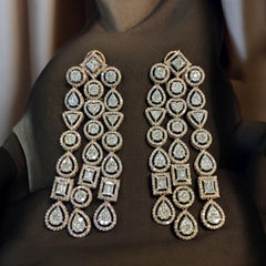 9.67 Cts F/VS1 Round Baguette Shaped Diamonds Chandelier Earrings 14K Rose Gold