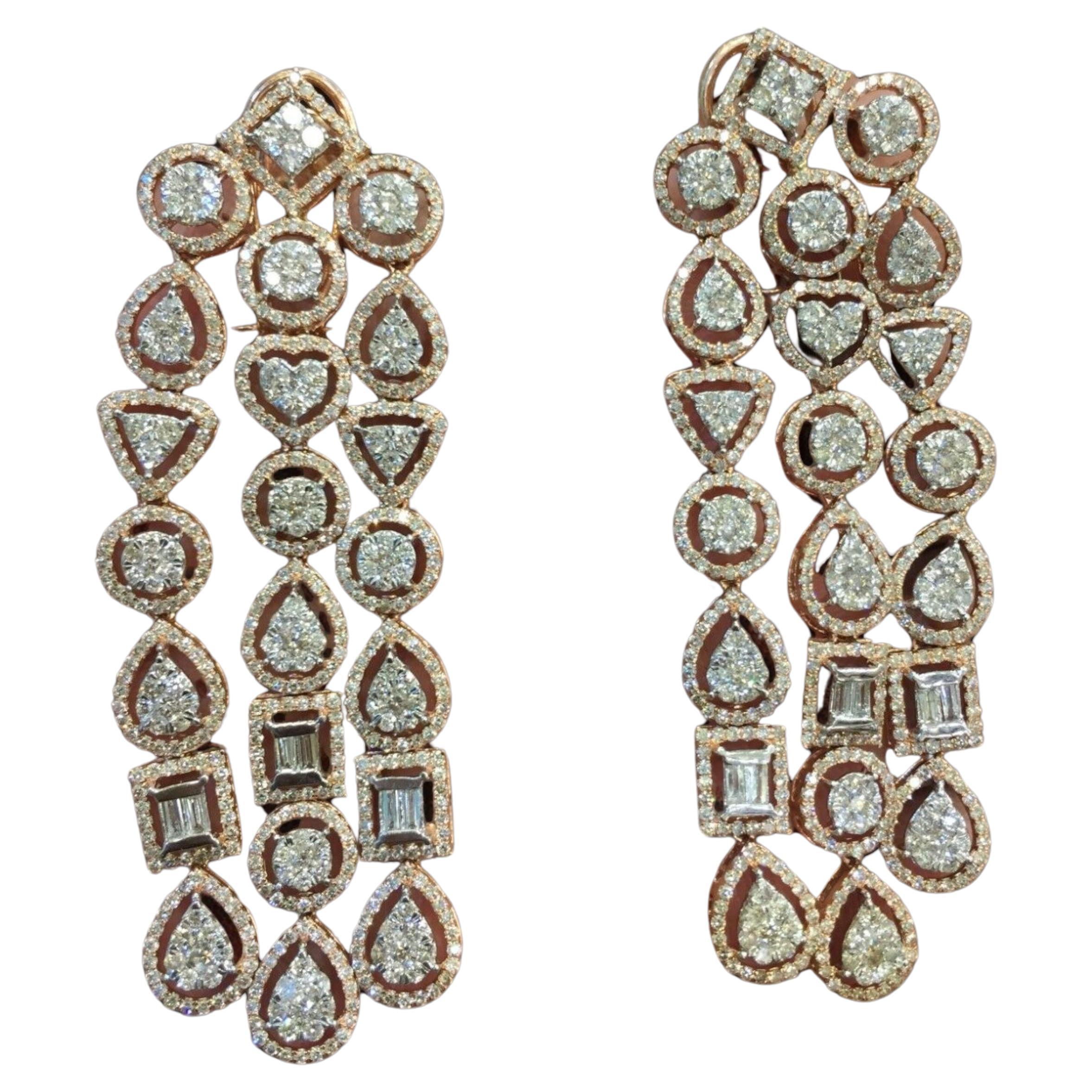 9.67 Cts F/VS1 Round Baguette Shaped Diamonds Chandelier Earrings 14K Rose Gold