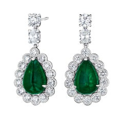 9.67ct Pear Shape Cabochon Emerald & Diamond Earrings in 18KT White Gold