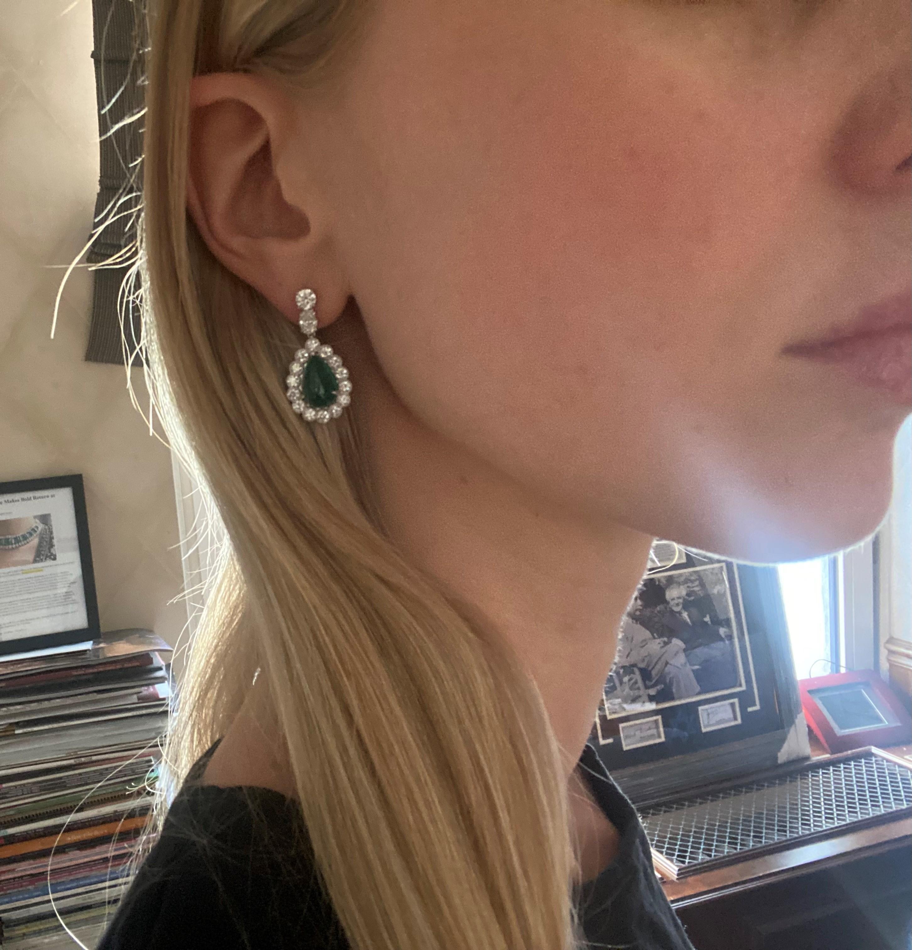 Pear Cut 9.67ct Pear Shape Cabochon Emerald & Diamond Earrings in 18KT White Gold For Sale