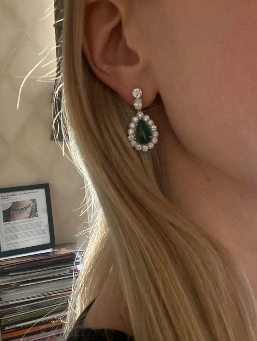 Women's or Men's 9.67ct Pear Shape Cabochon Emerald & Diamond Earrings in 18KT White Gold For Sale