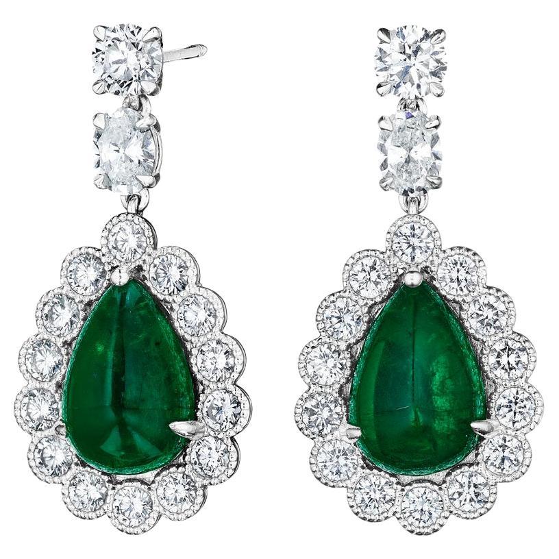 9.67ct Pear Shape Cabochon Emerald & Diamond Earrings in 18KT White Gold For Sale