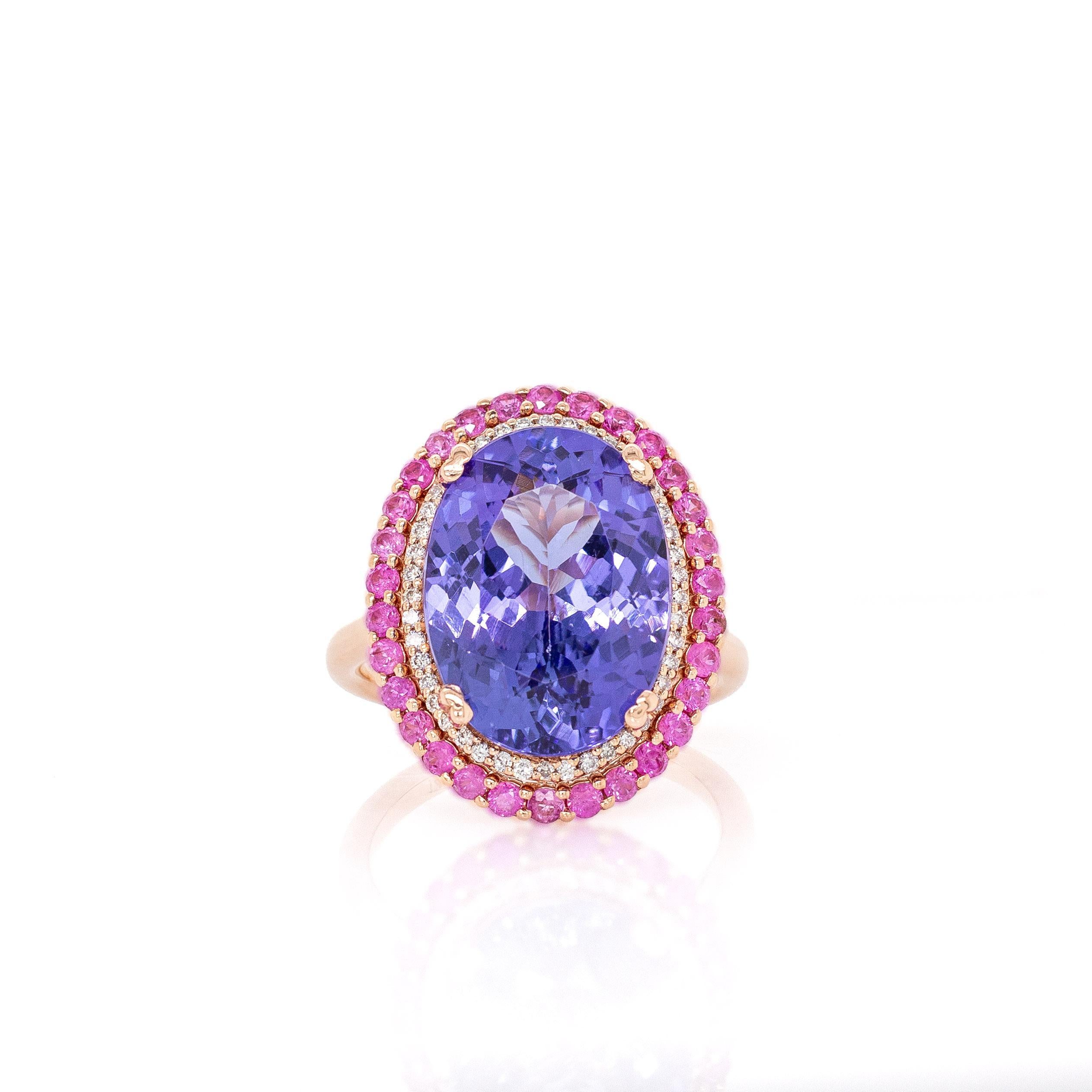 Contemporaneo Anello con tanzanite da 9,67 carati e zaffiro rosa: oro massiccio 14k, ovale 16x12mm in vendita