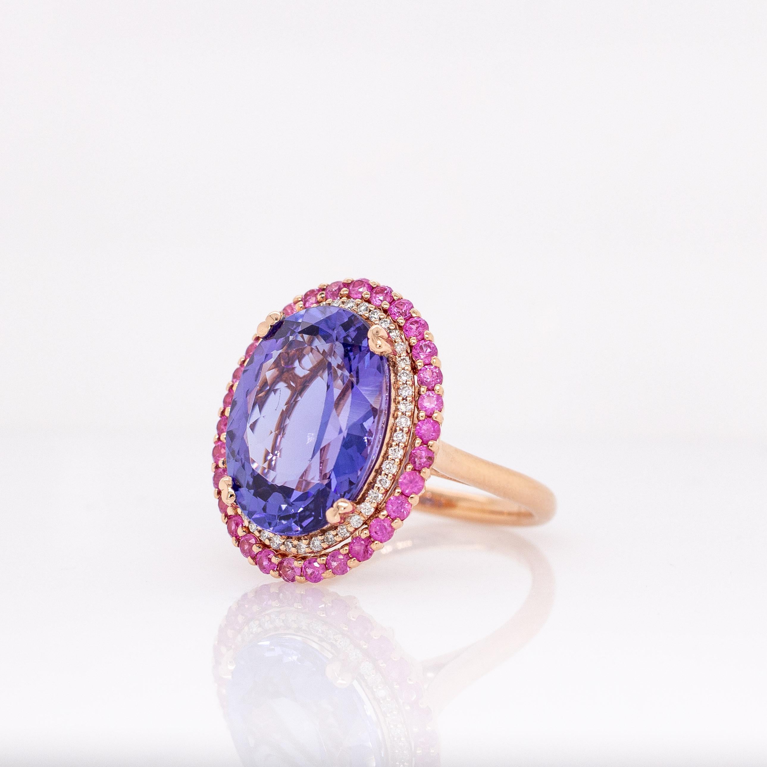 Taglio ovale Anello con tanzanite da 9,67 carati e zaffiro rosa: oro massiccio 14k, ovale 16x12mm in vendita