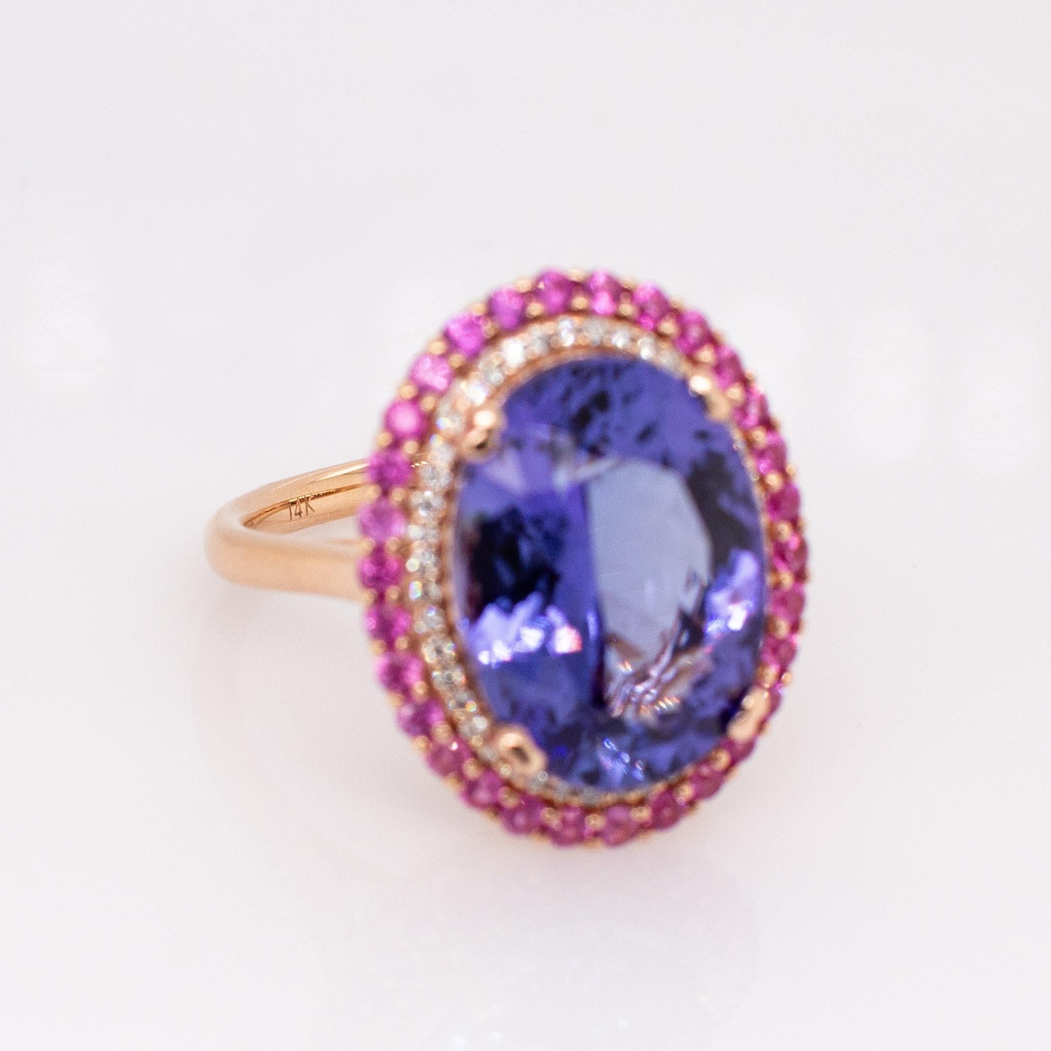 Anello con tanzanite da 9,67 carati e zaffiro rosa: oro massiccio 14k, ovale 16x12mm in vendita 1
